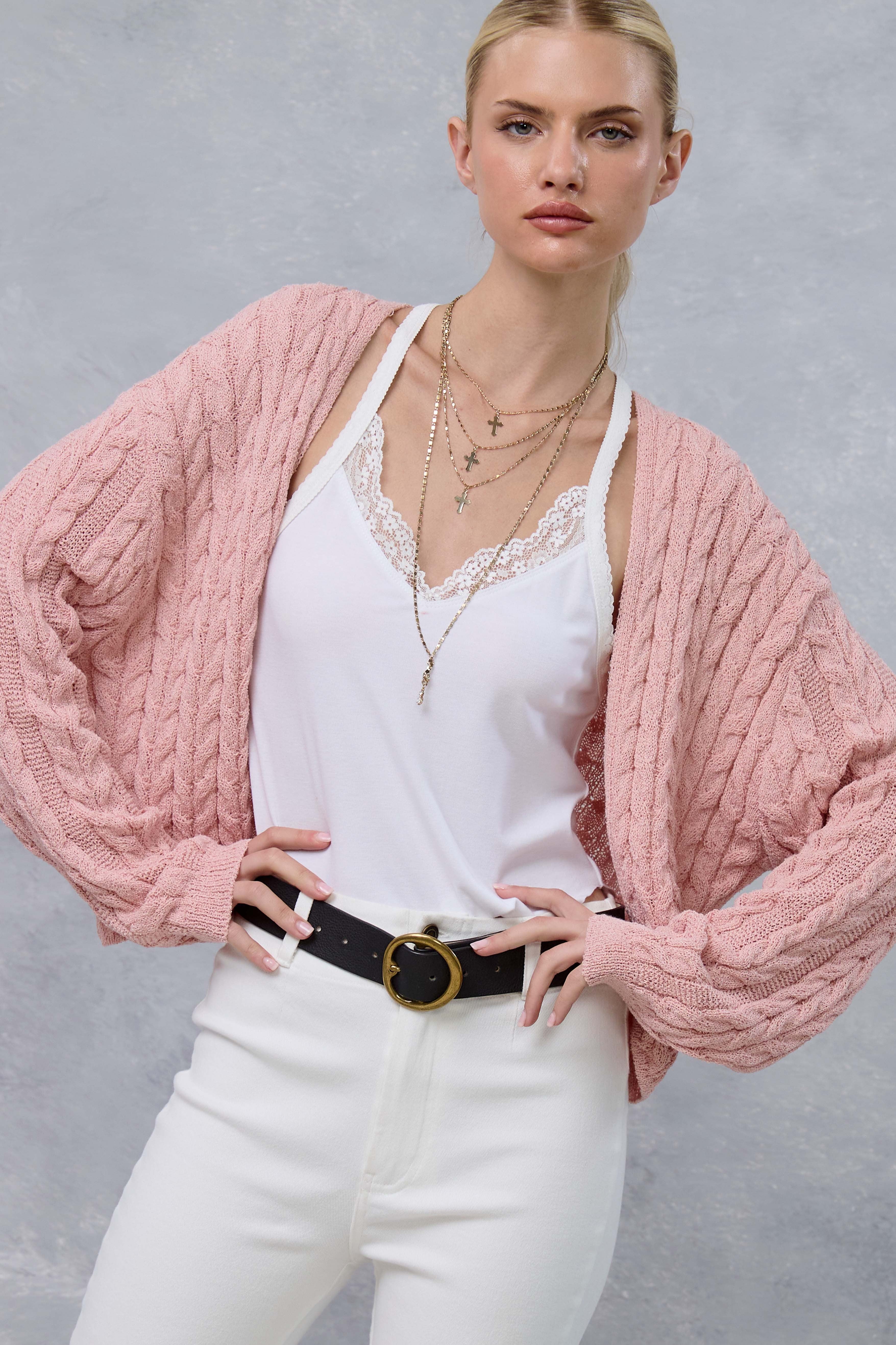 Pink Dolman Sleeve Boho Cable Knit Maternity Cardigan - Image 5