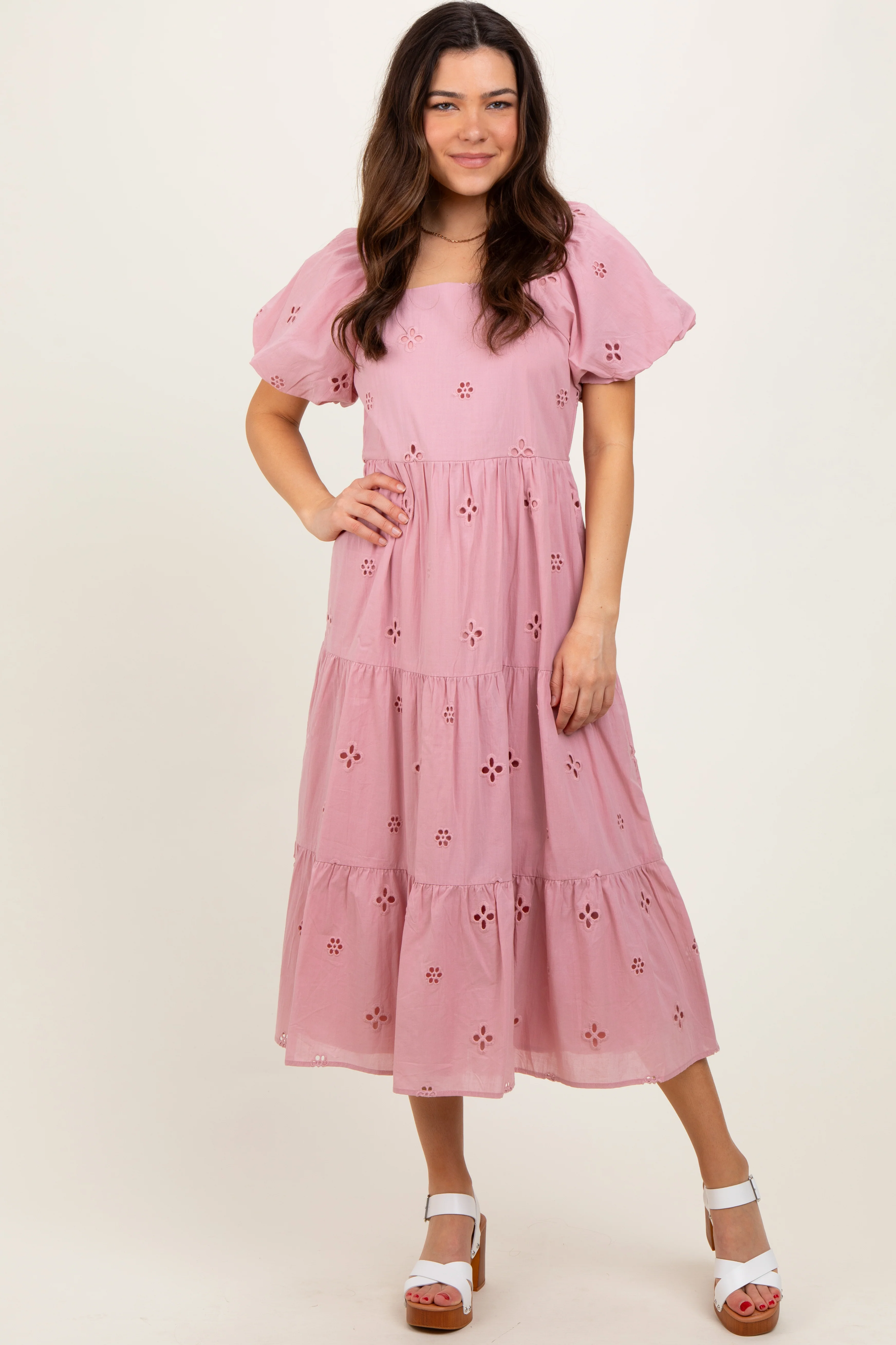 Pink Eyelet Square Neck Maternity Midi Dress - Image 4