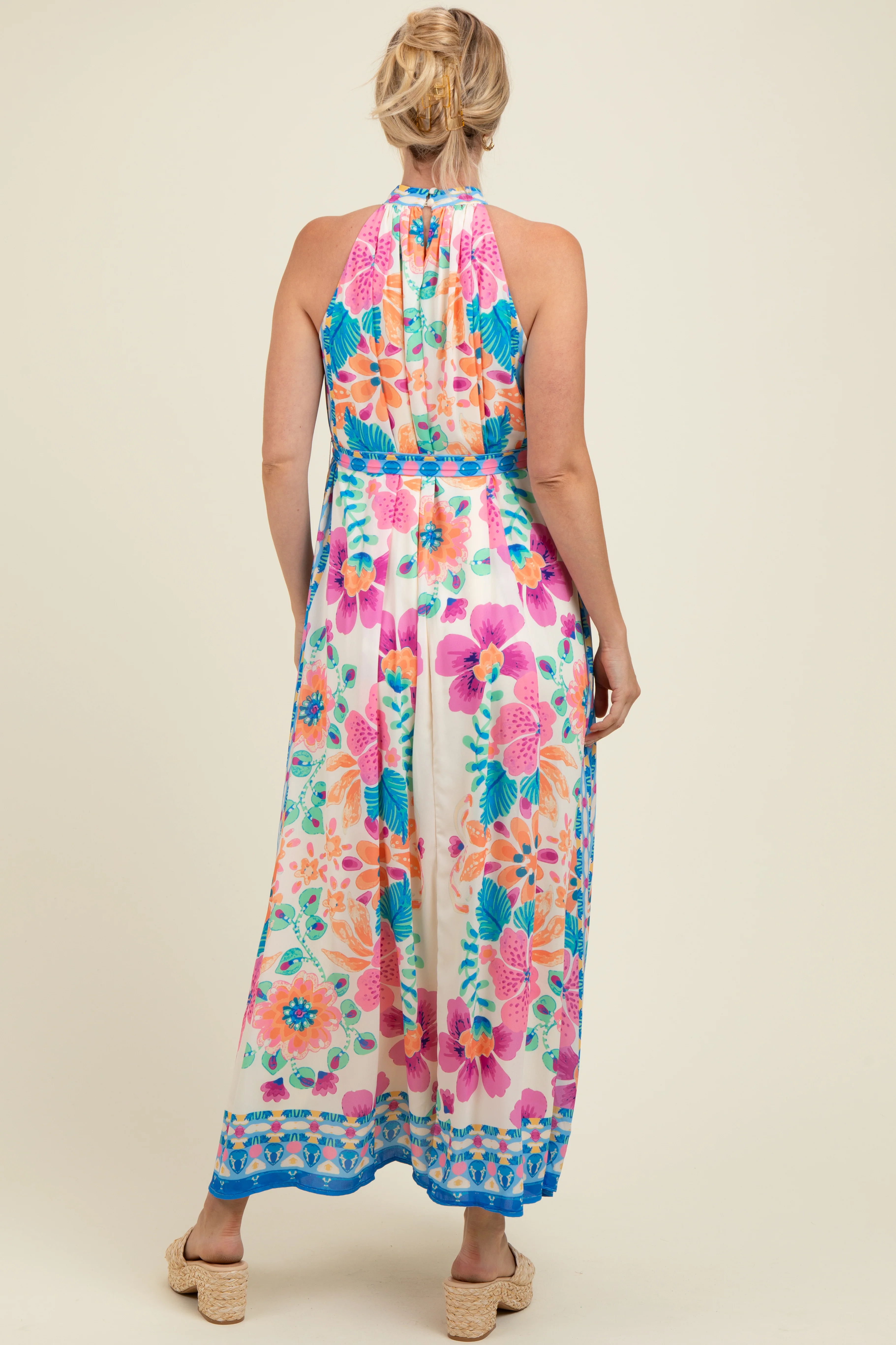 Pink Floral Border Print Halter Maternity Maxi Dress - Image 3