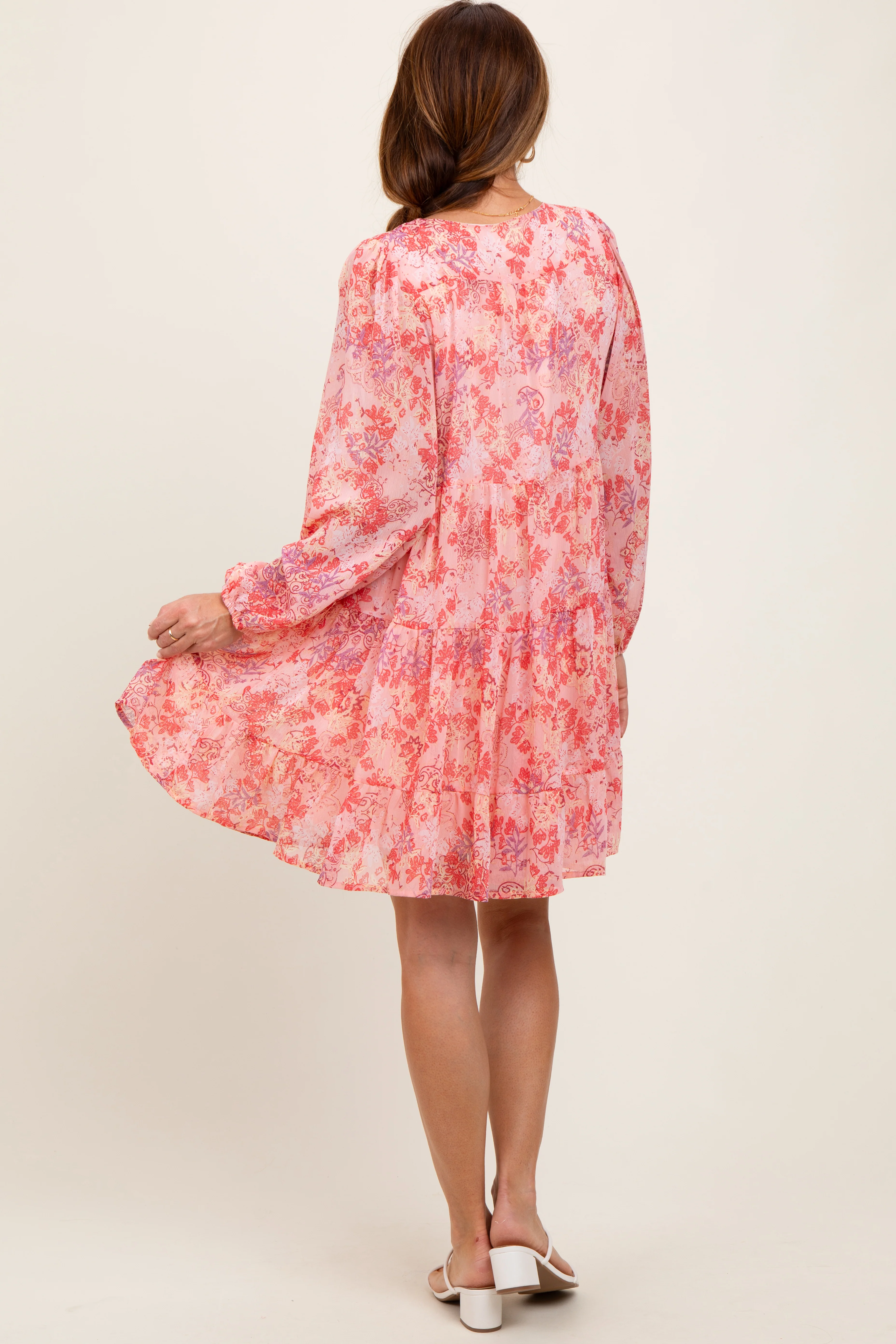 Pink Floral Chiffon Babydoll Long Sleeve Dress - Image 4