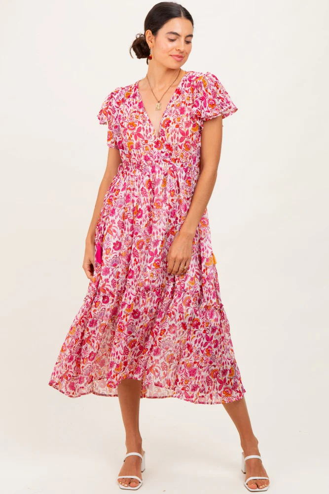 Pink Floral Chiffon Flutter Sleeve Ruffle Hem Maternity Midi Dress - Image 5