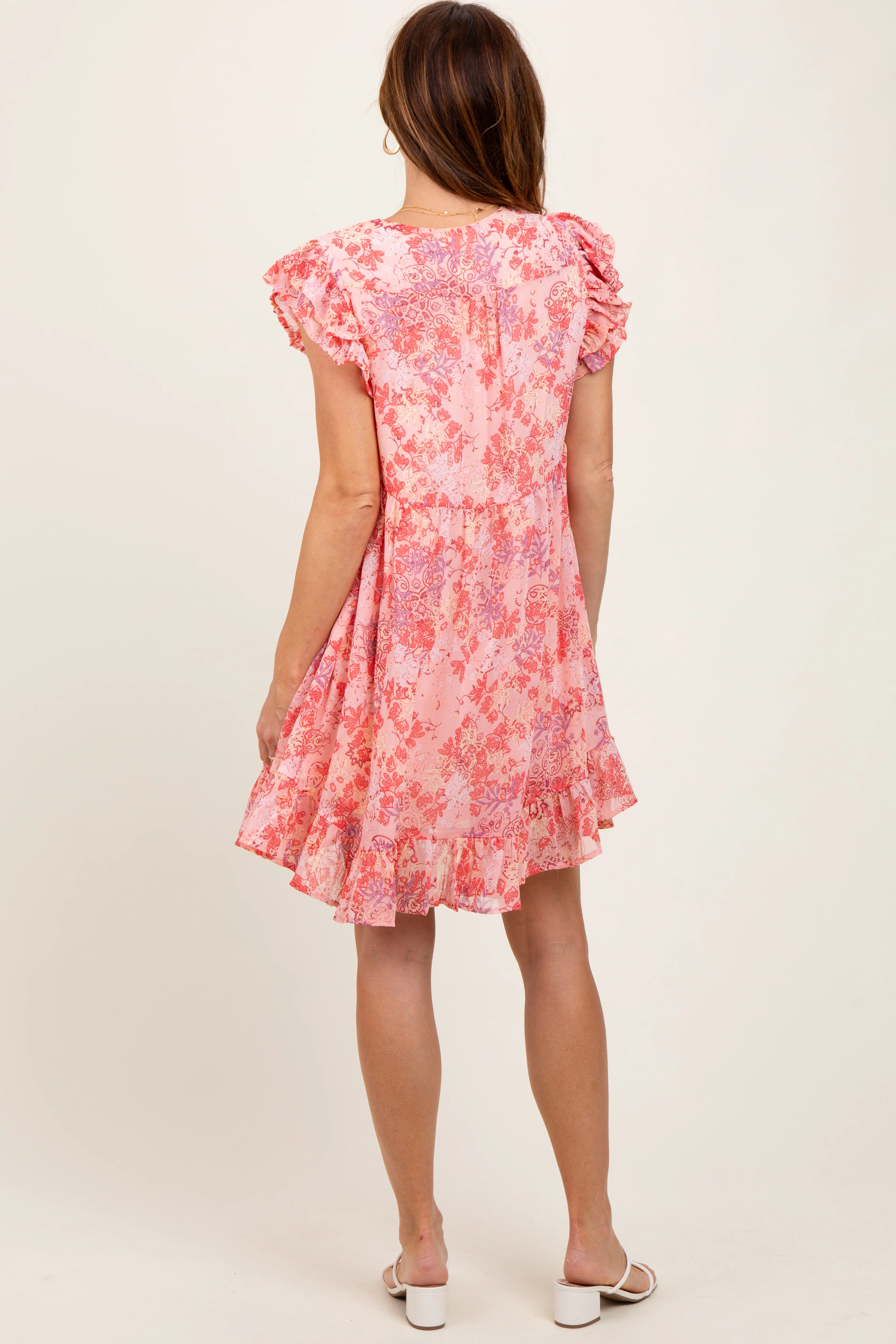 Pink Floral Chiffon Ruffle Short Sleeve Dress - Image 4