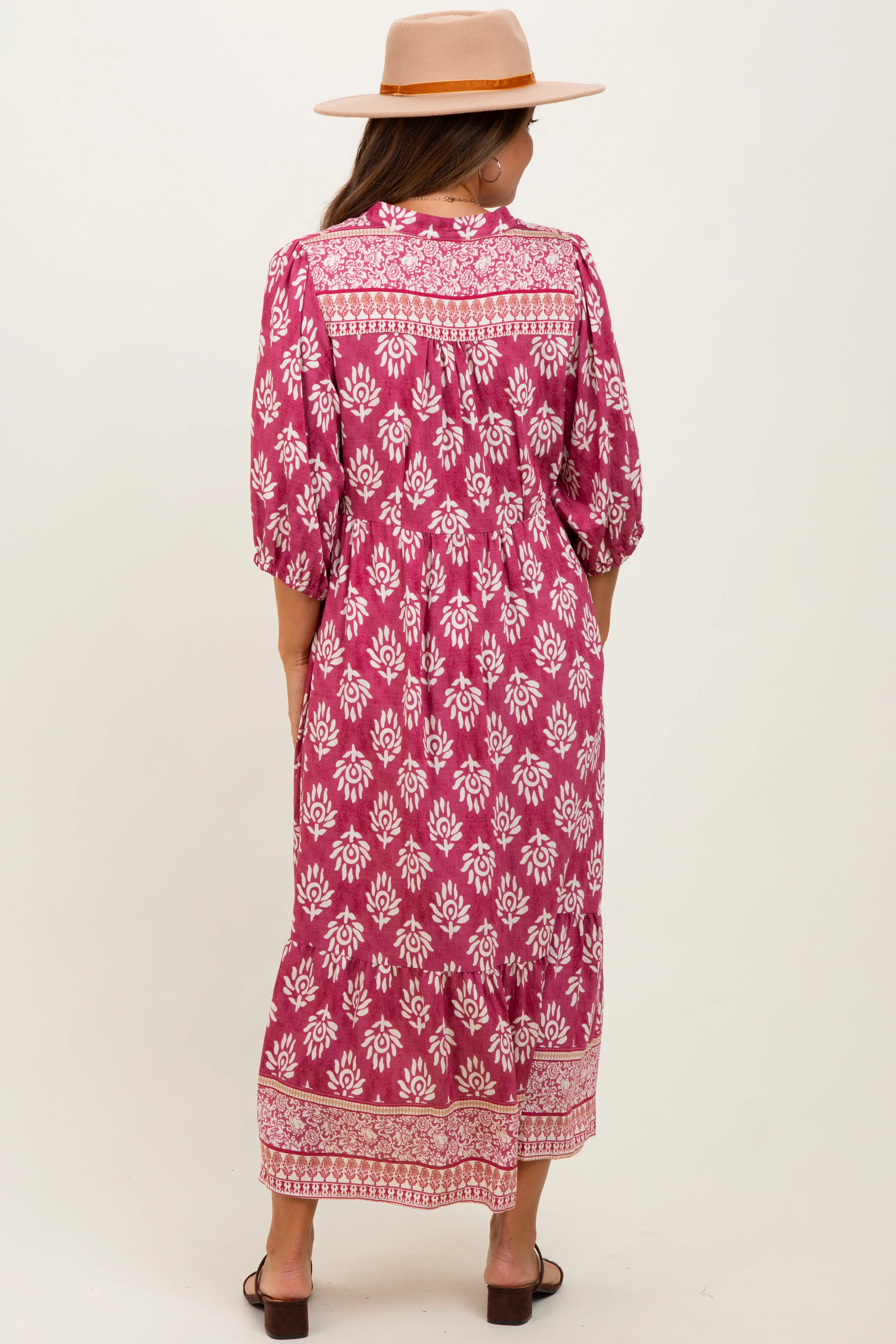Pink Floral Contrast Print 3/4 Sleeve Maternity Midi Dress - Image 4