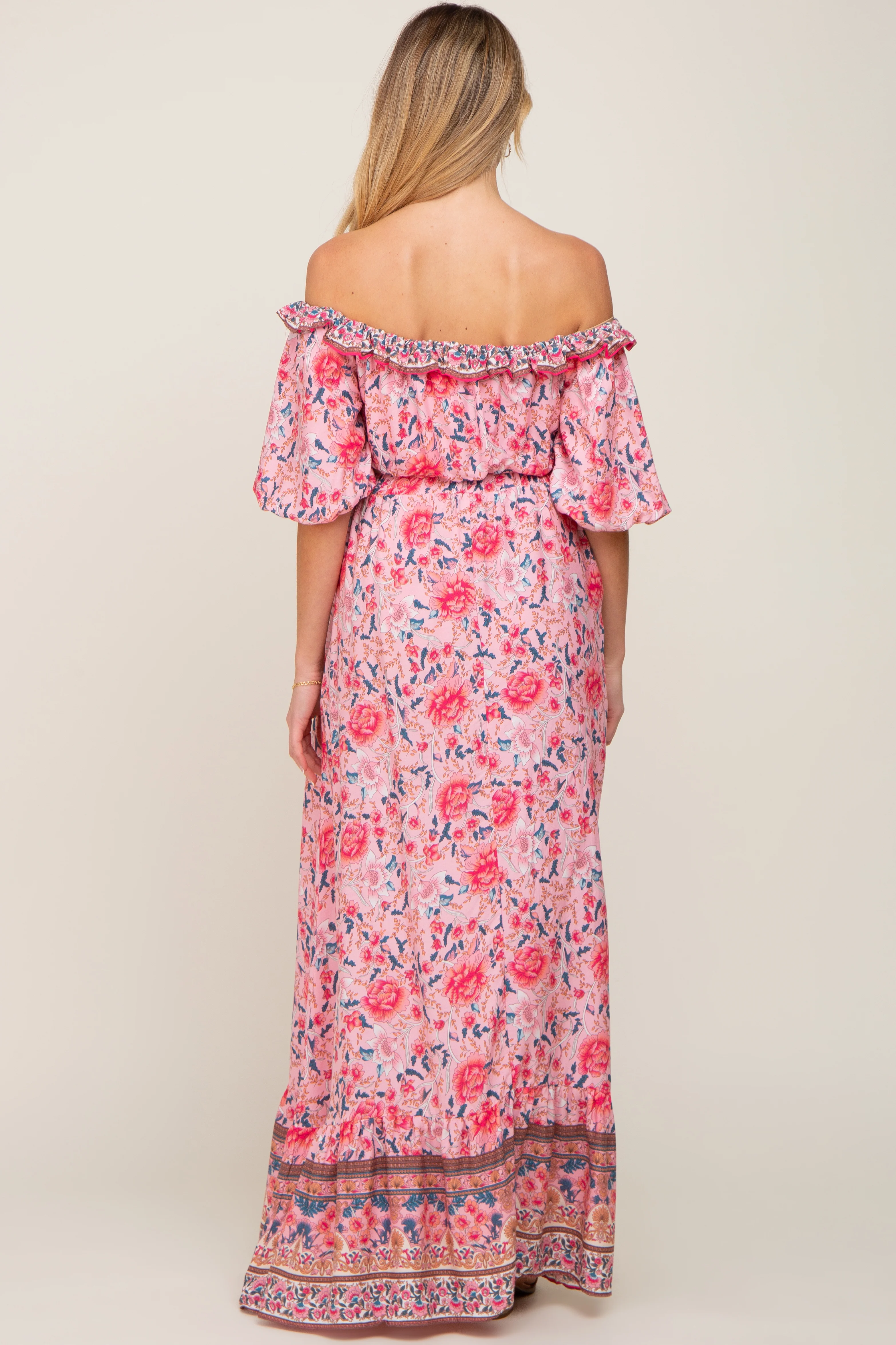 Pink Floral Off Shoulder Maternity Maxi Skirt Set - Image 3