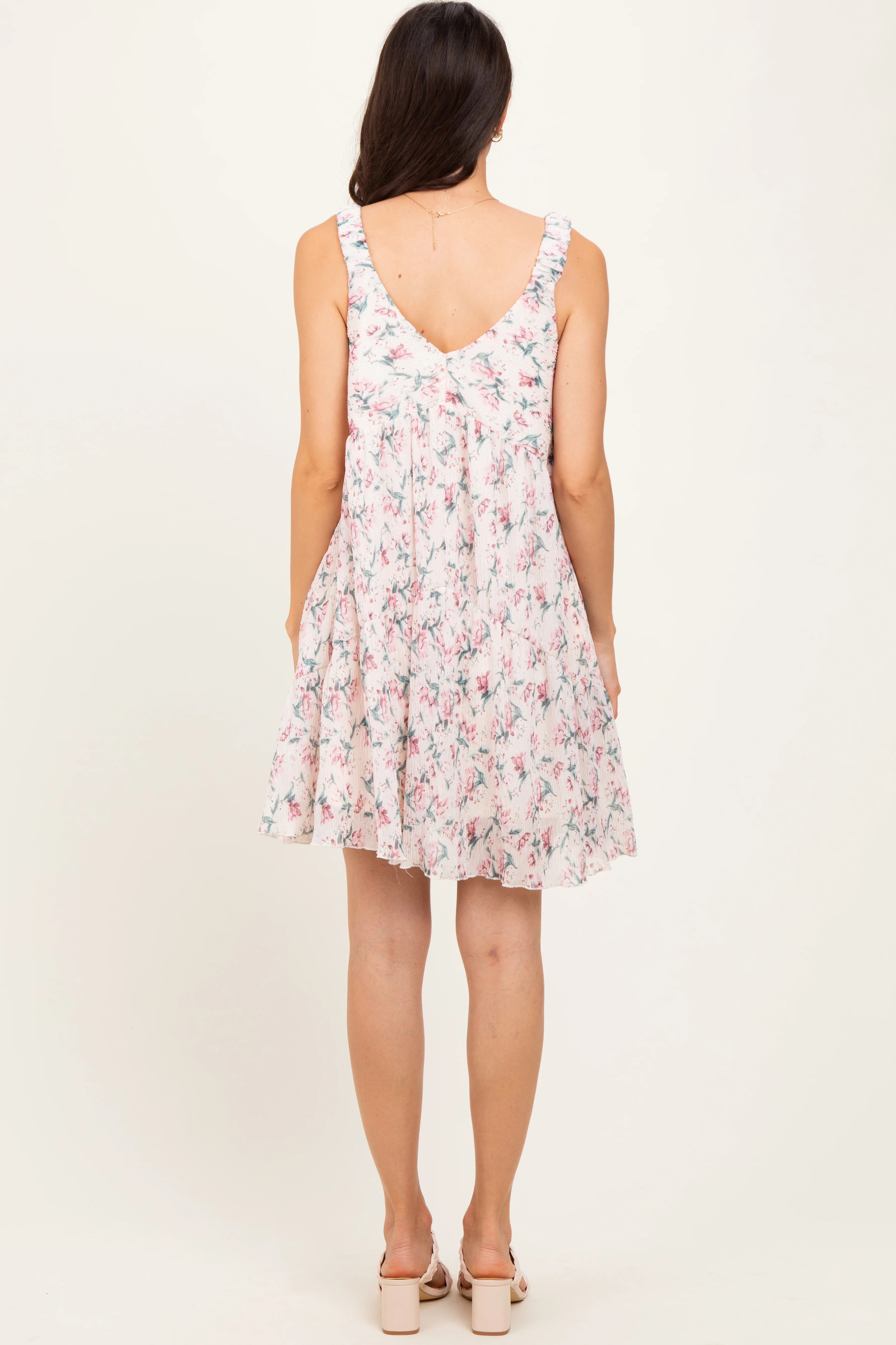 Pink Floral Plisse Texture Mini Dress - Image 3