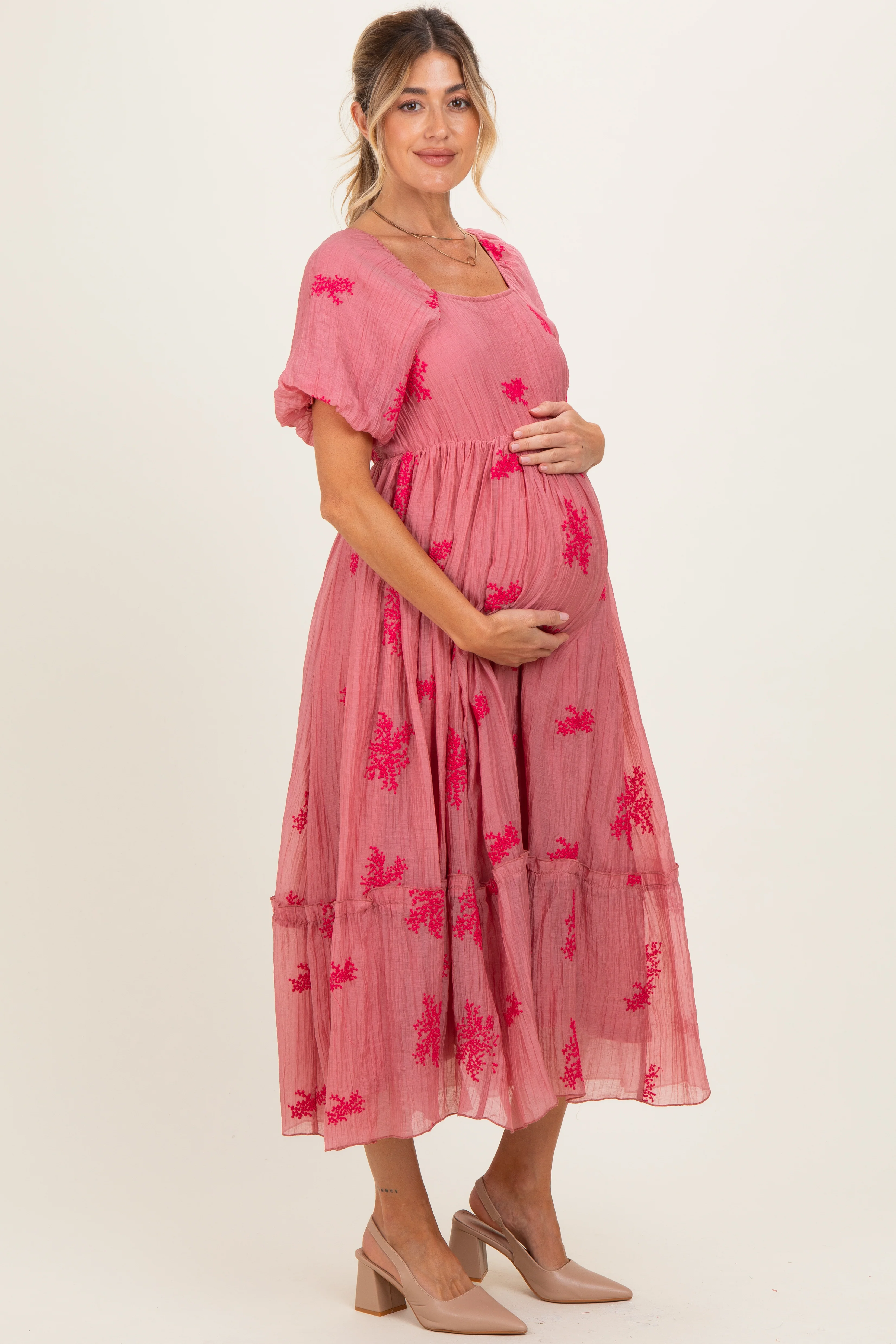 Pink Floral Print Ruffle Hem Maternity Midi Dress - Image 2