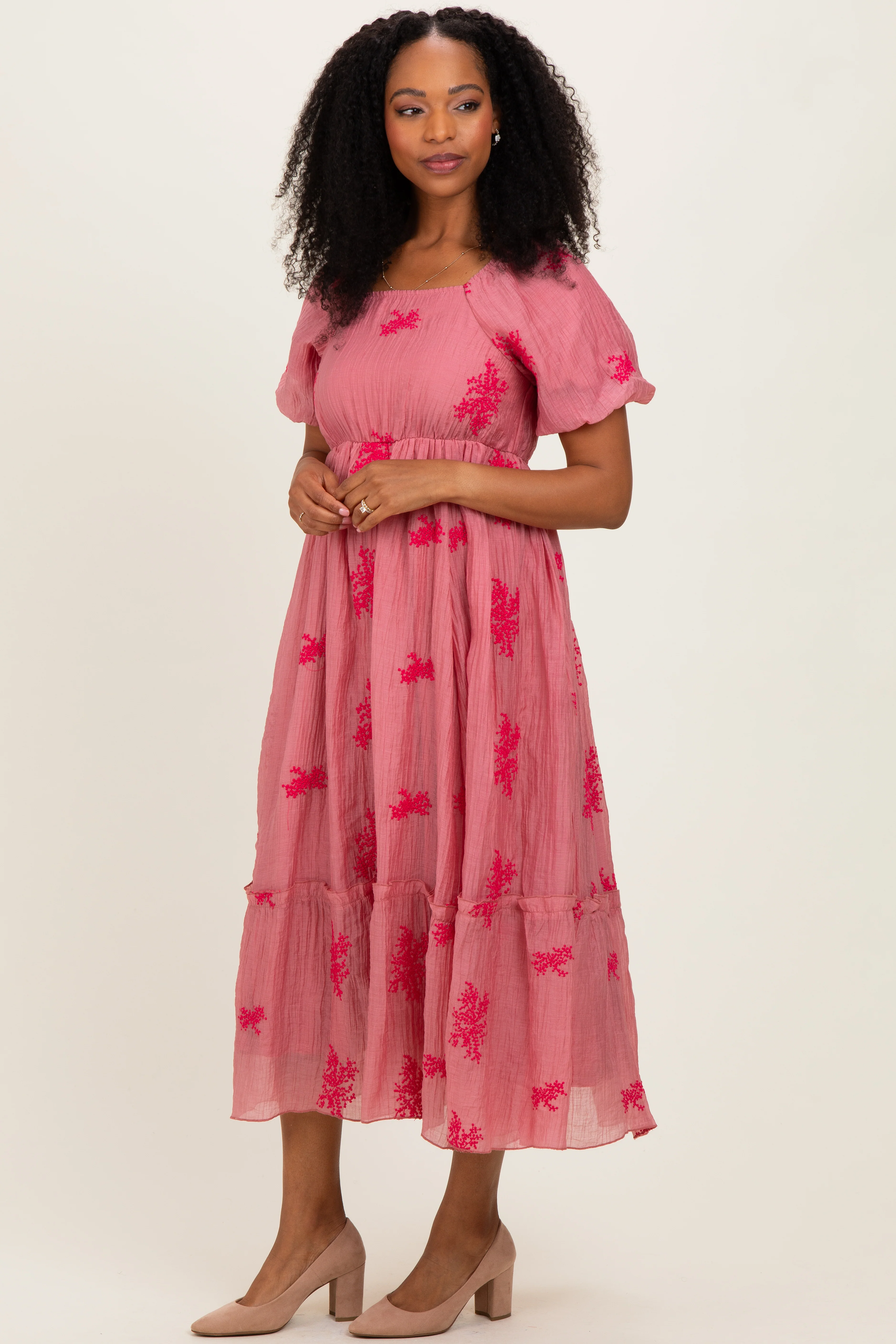 Pink Floral Print Ruffle Hem Maternity Midi Dress - Image 4