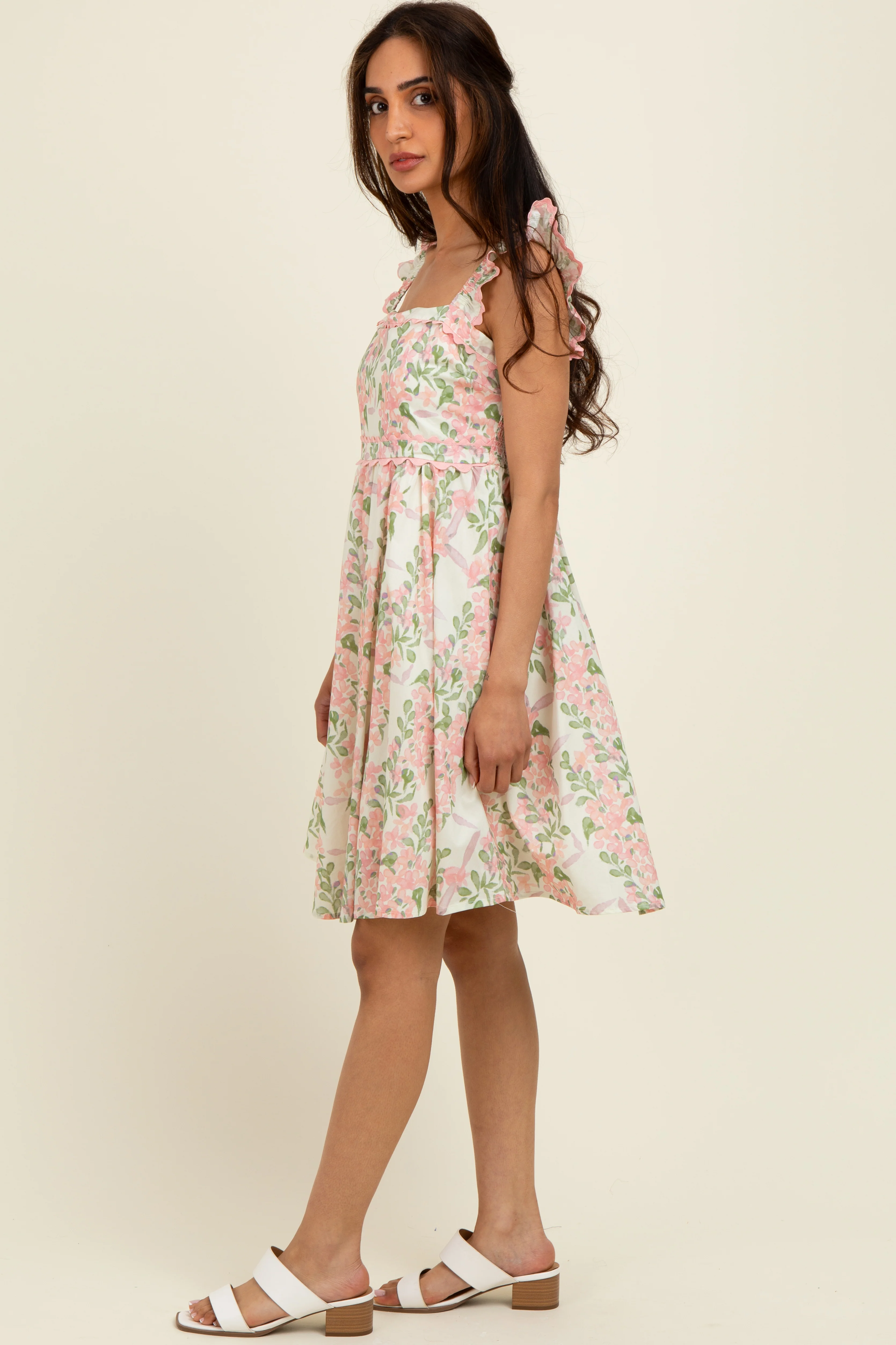 Pink Floral Print Smocked Back Dress - Image 3