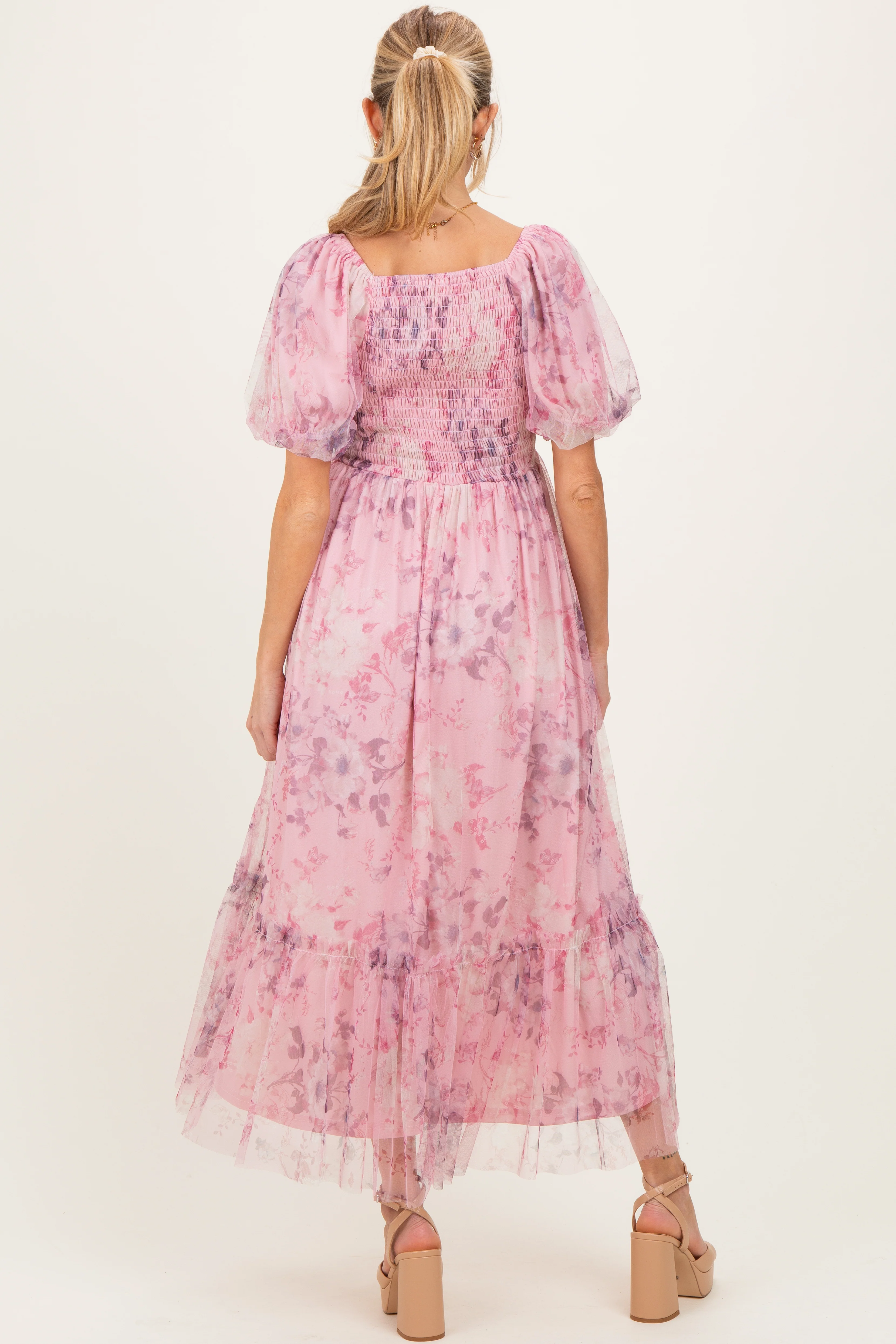 Pink Floral Printed Tulle Puff Sleeve Maternity Midi Dress - Image 4