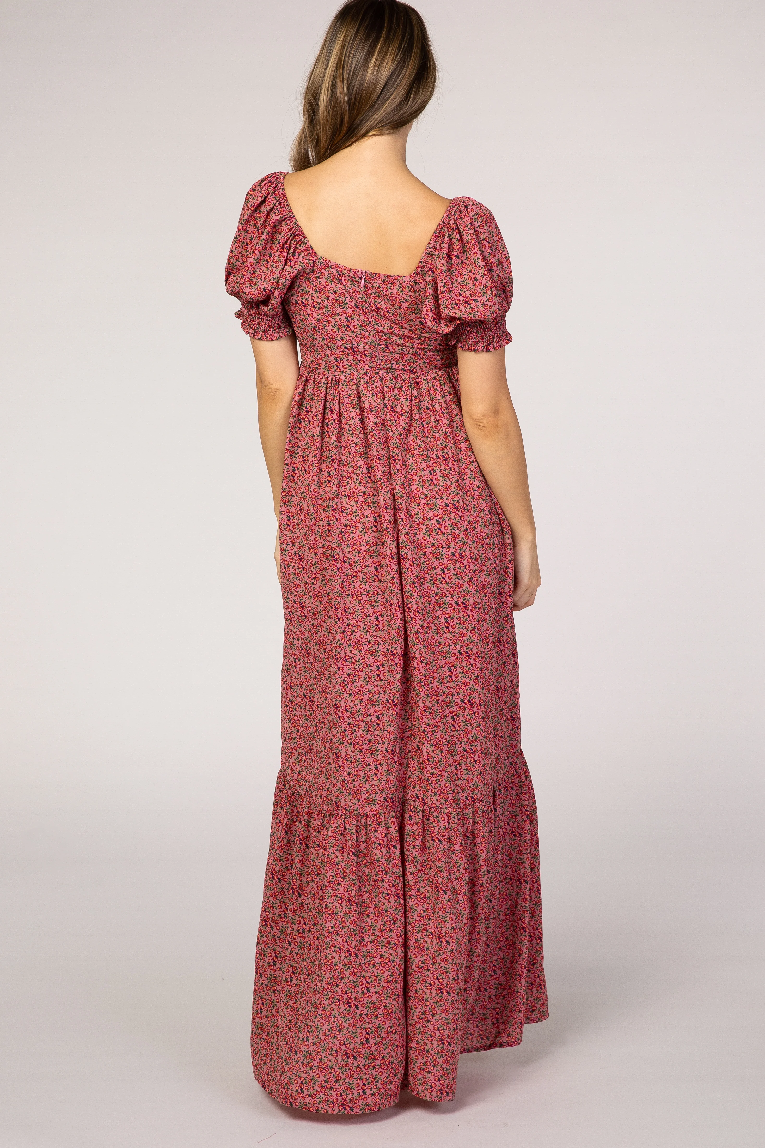 Pink Floral Puff Sleeve Maternity Maxi Dress - Image 4
