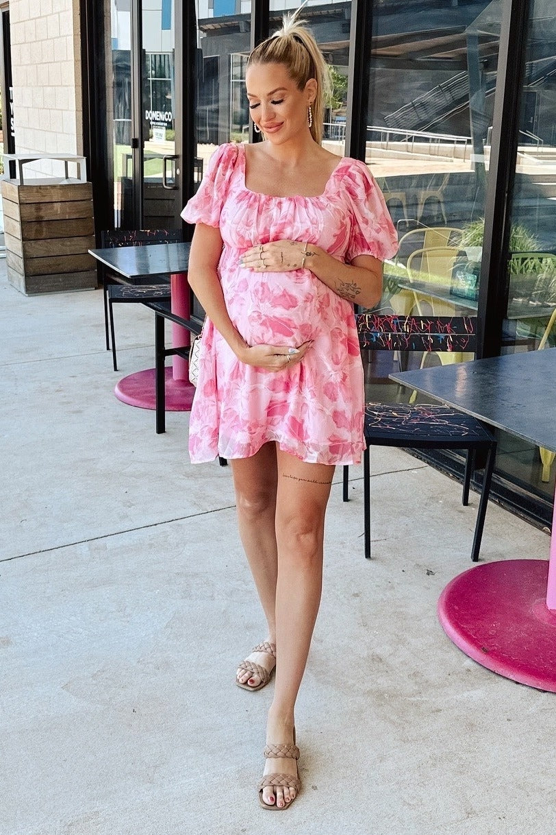 Pink Floral Puff Sleeve Maternity Mini Dress - Image 2