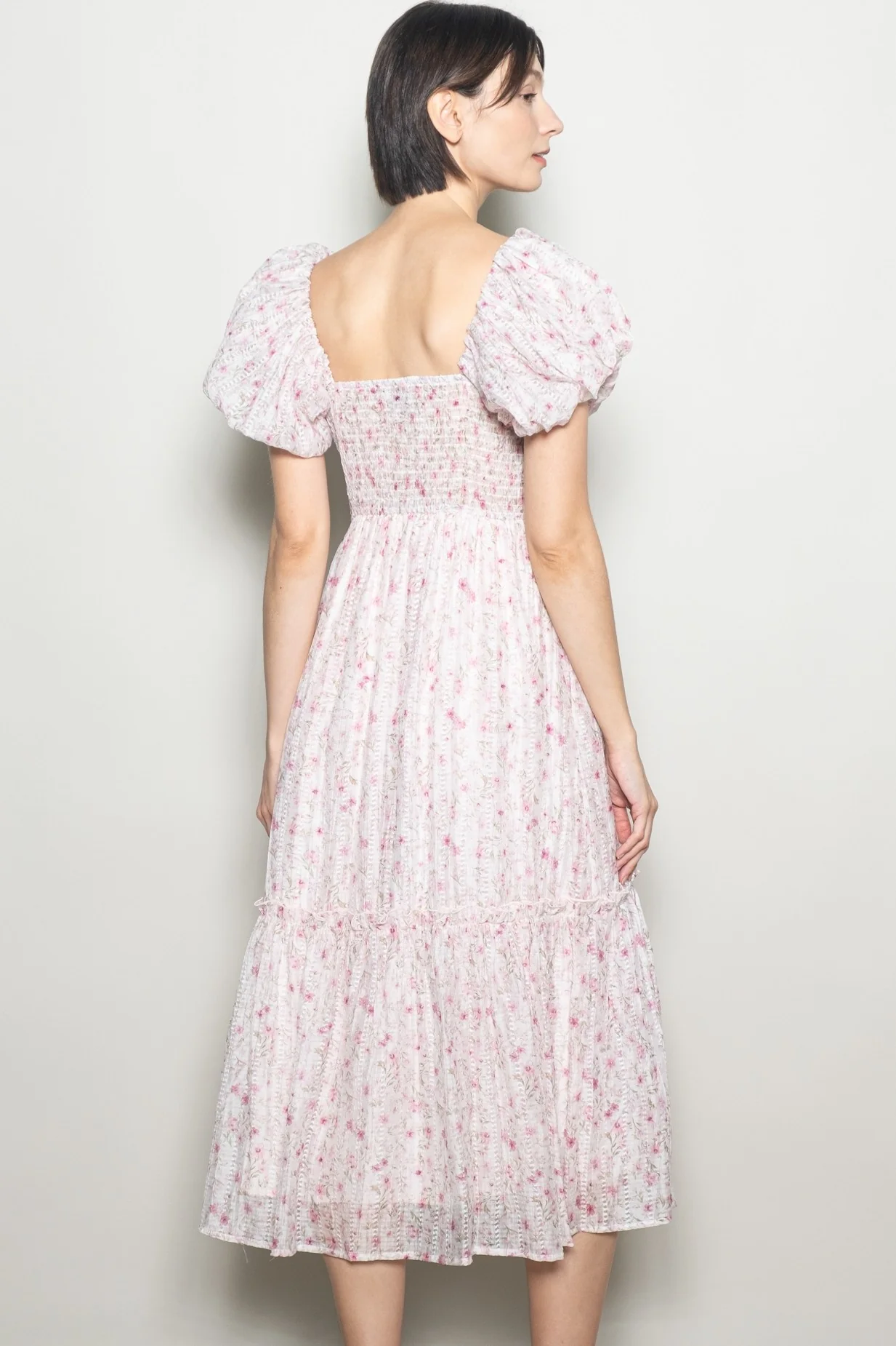 Pink Floral Puff Sleeve Midi Dress - Image 3