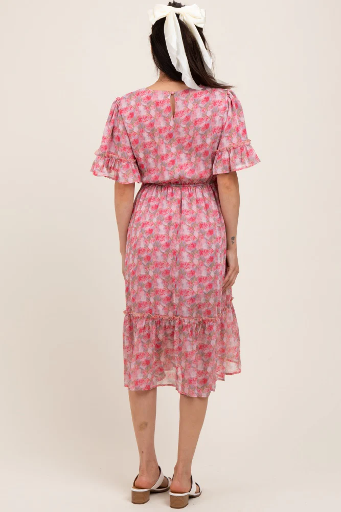 Pink Floral Ruffle Accent Maternity Midi Dress - Image 4