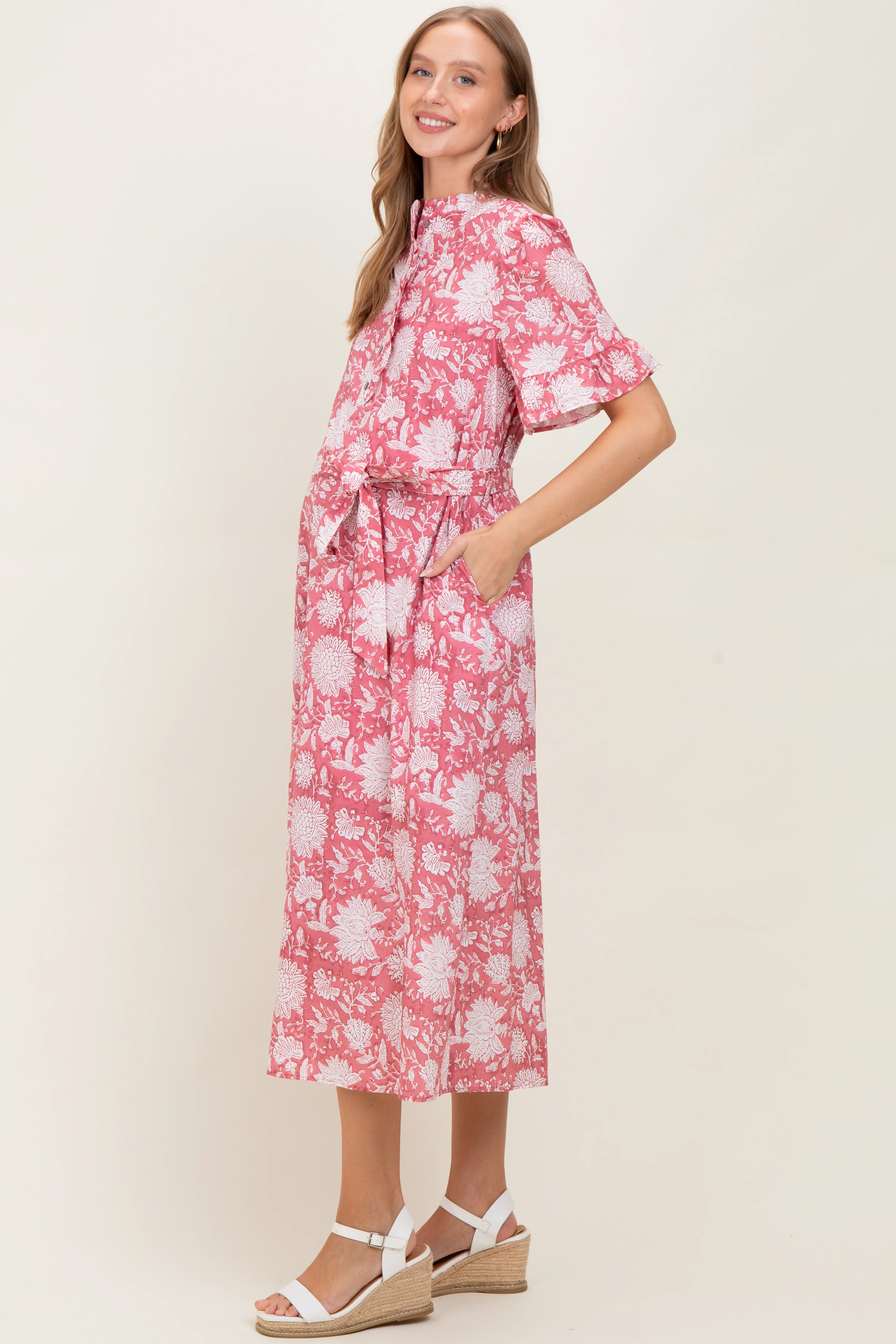 Pink Floral Ruffle Button Up Neckline Maternity Midi Dress - Image 3