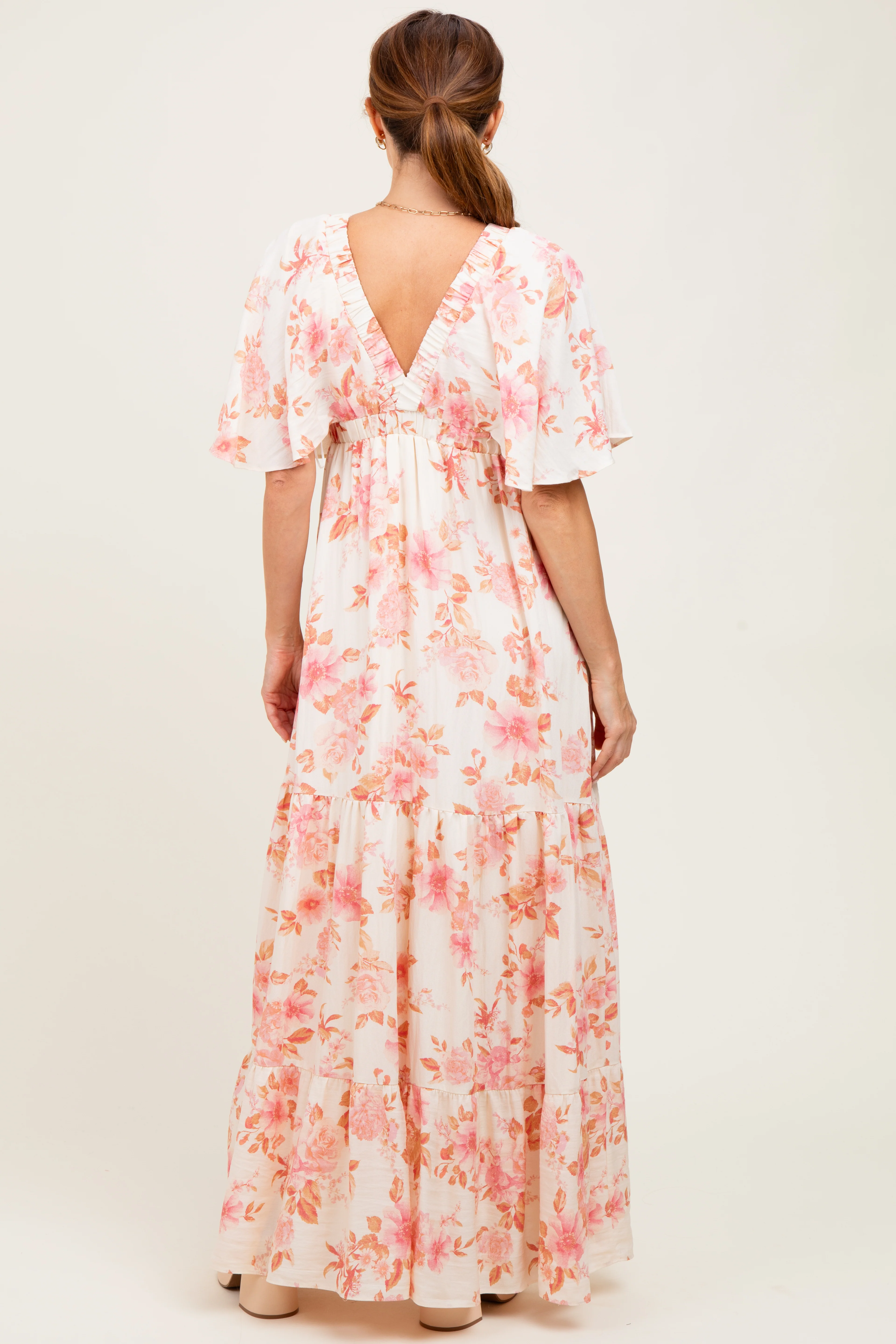 Pink Floral Satin Short Sleeve Deep V-Neck Tiered Maxi Dress - Image 4