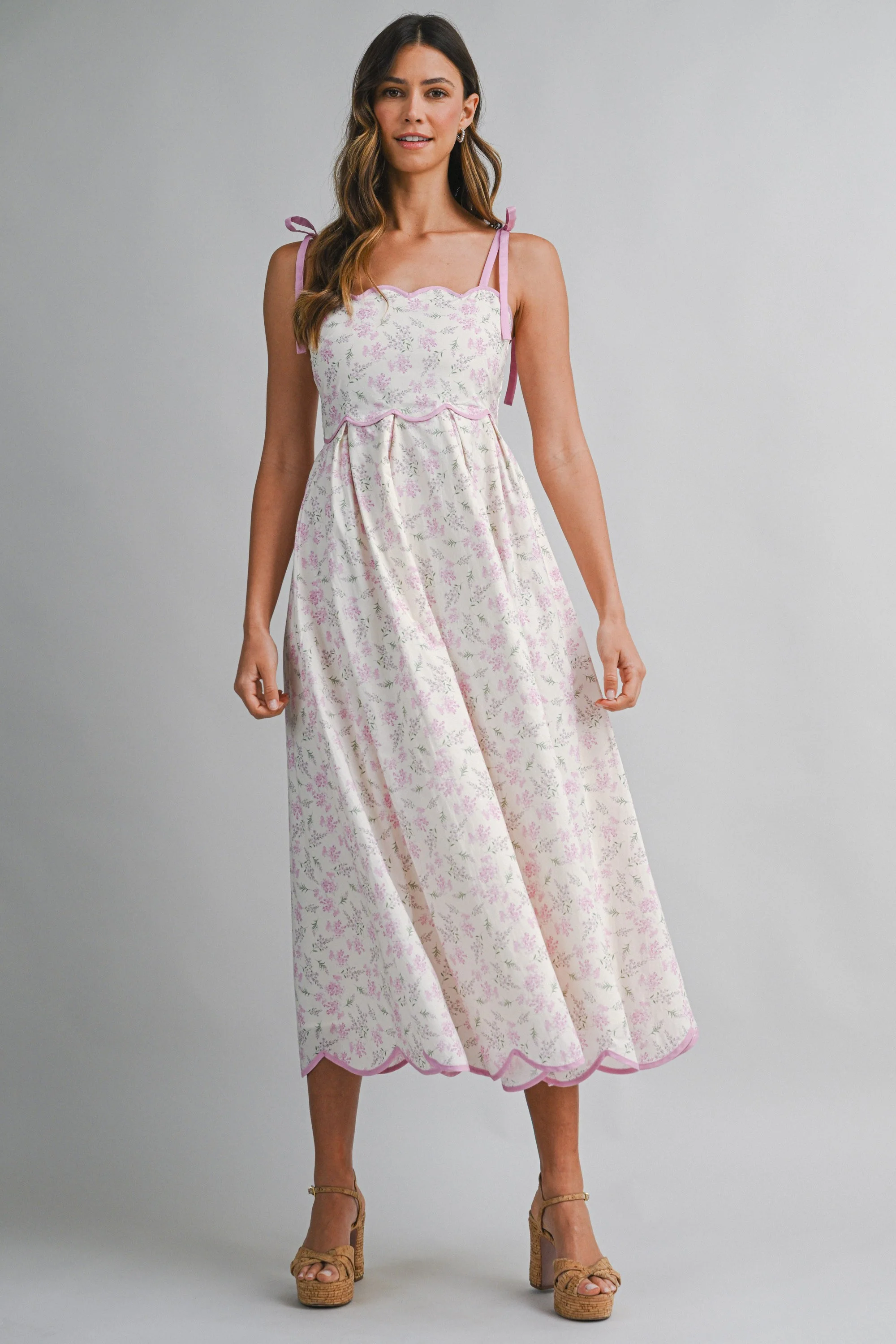 Pink Floral Scallop Hem Shoulder Tie Midi Dress - Image 2