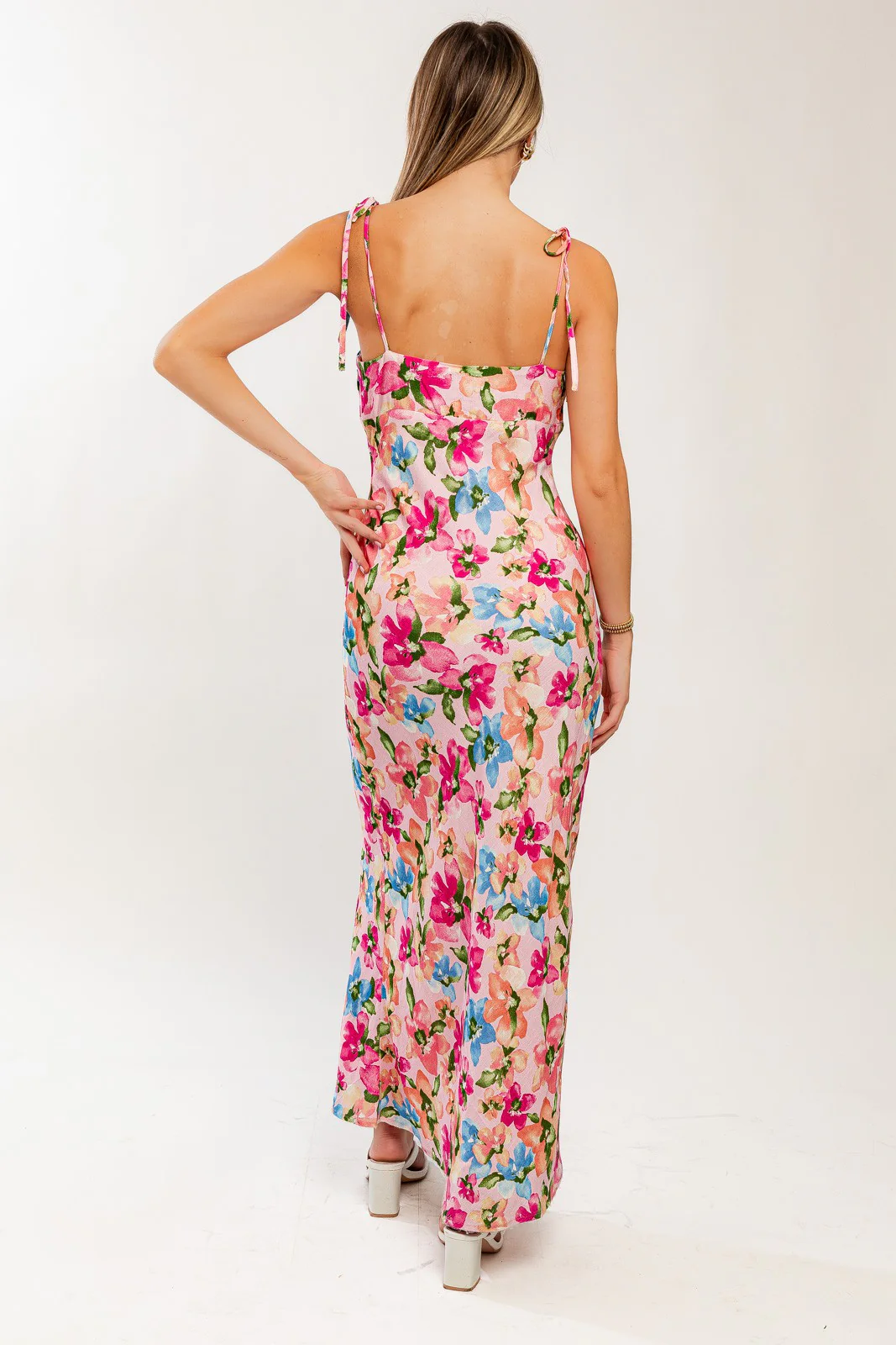 Pink Floral Shoulder Tie Maxi Dress - Image 3