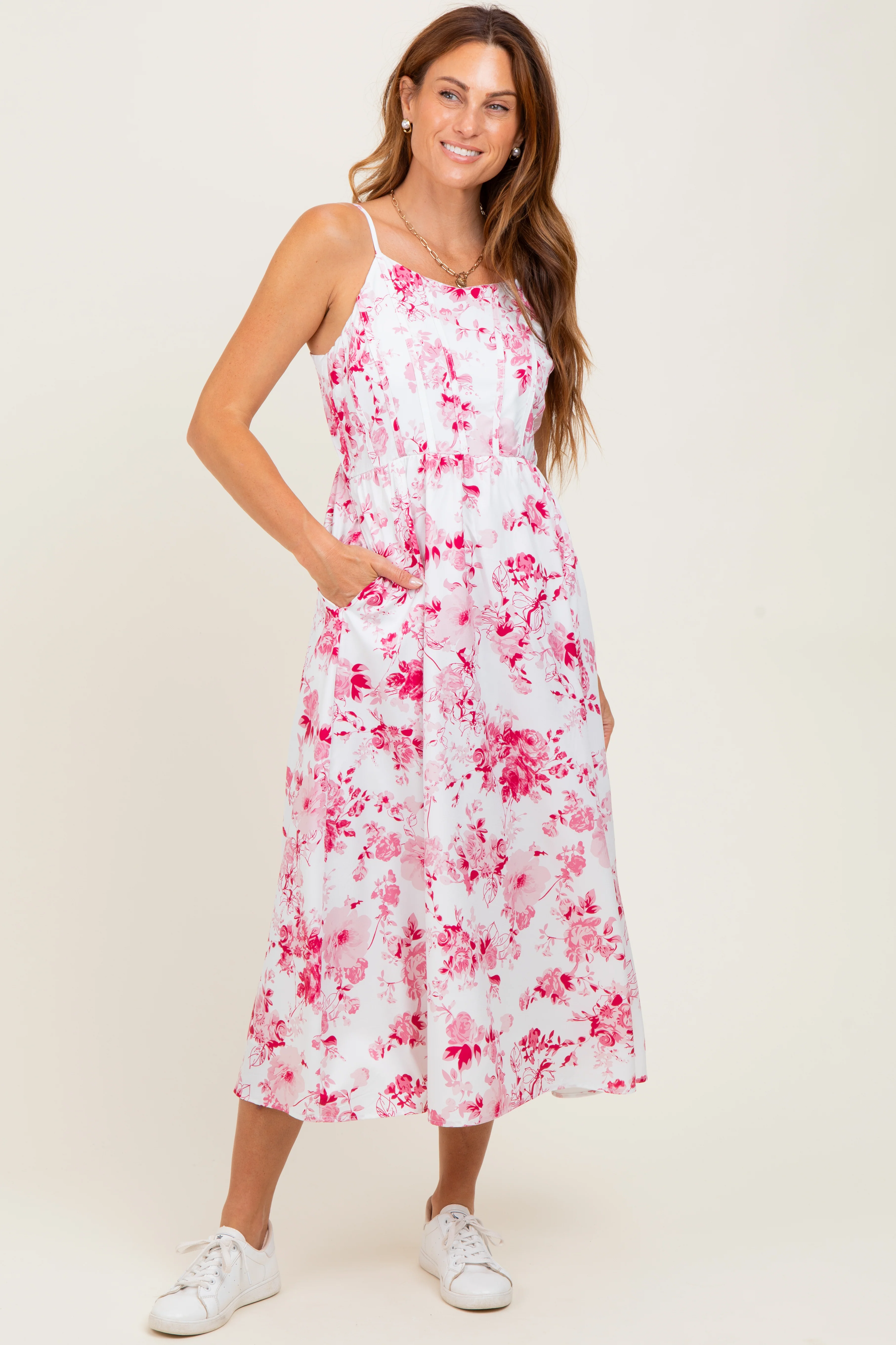 Pink Floral Sleeveless Piping Detail Maternity Midi Dress - Image 4