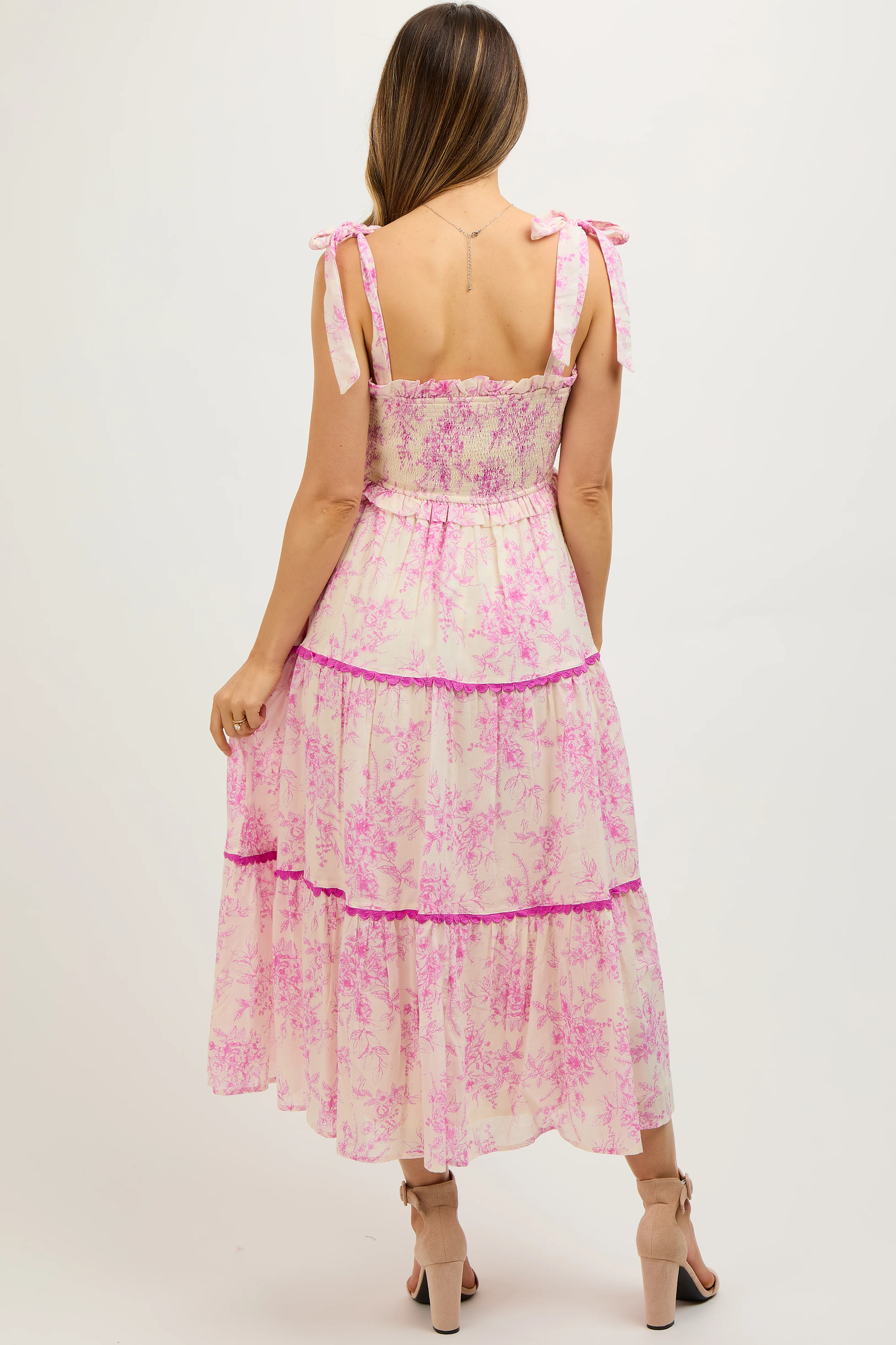 Pink Floral Sleeveless Ruffle Tiered Maternity Midi Dress - Image 3
