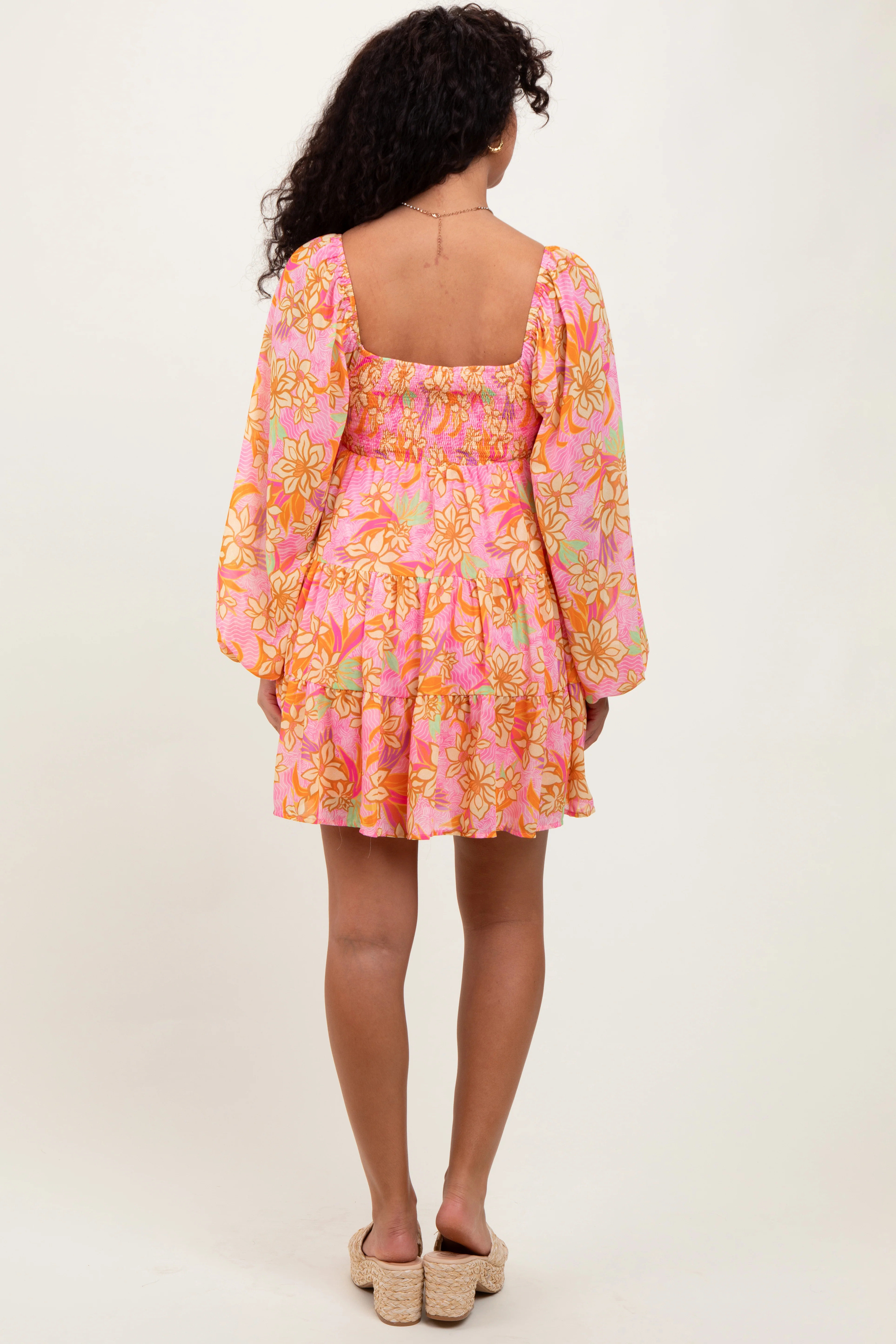 Pink Floral Smocked Bubble Sleeve Dress - Image 4