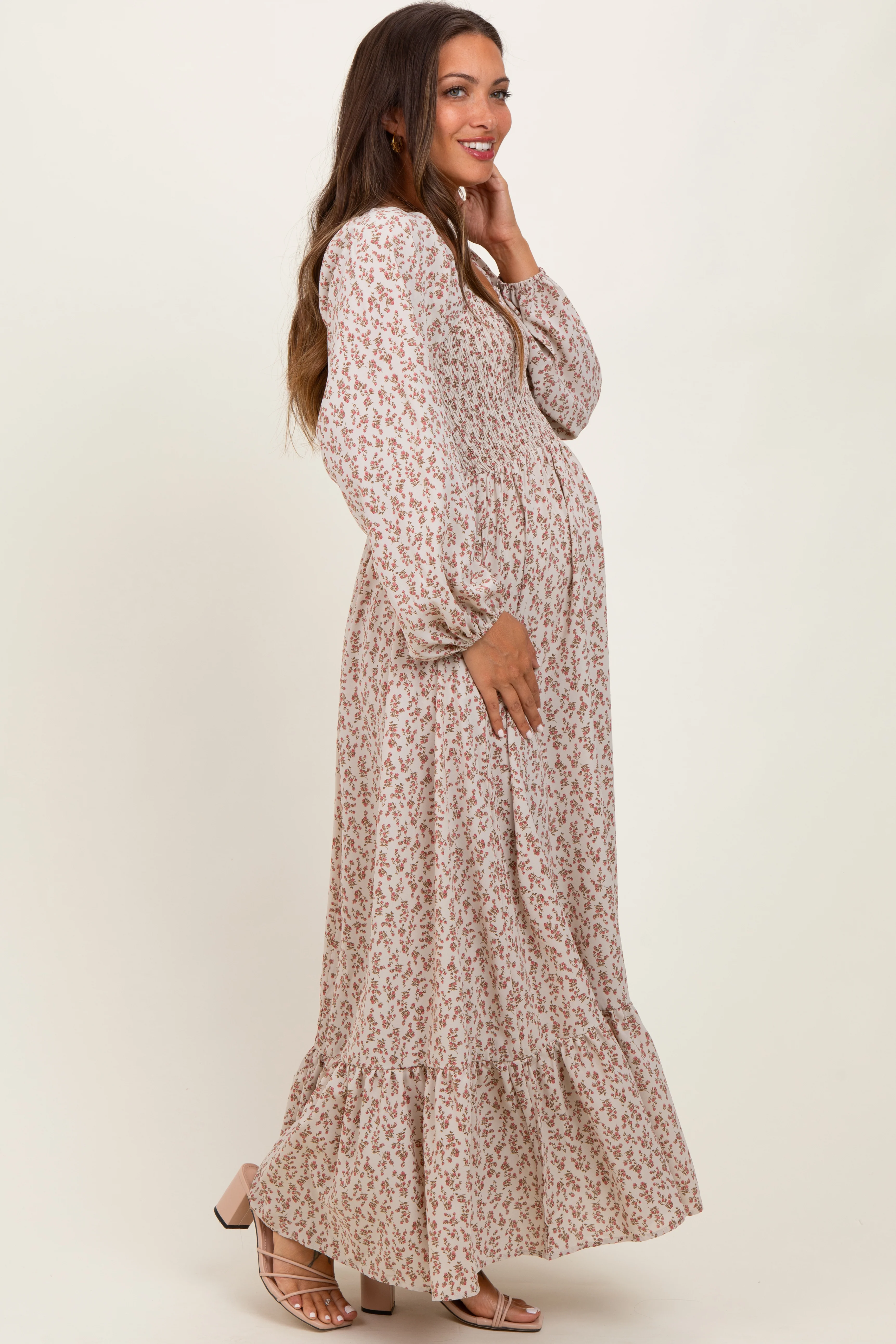 Pink Floral Smocked Lace Trim Sweetheart Maternity Maxi Dress - Image 3