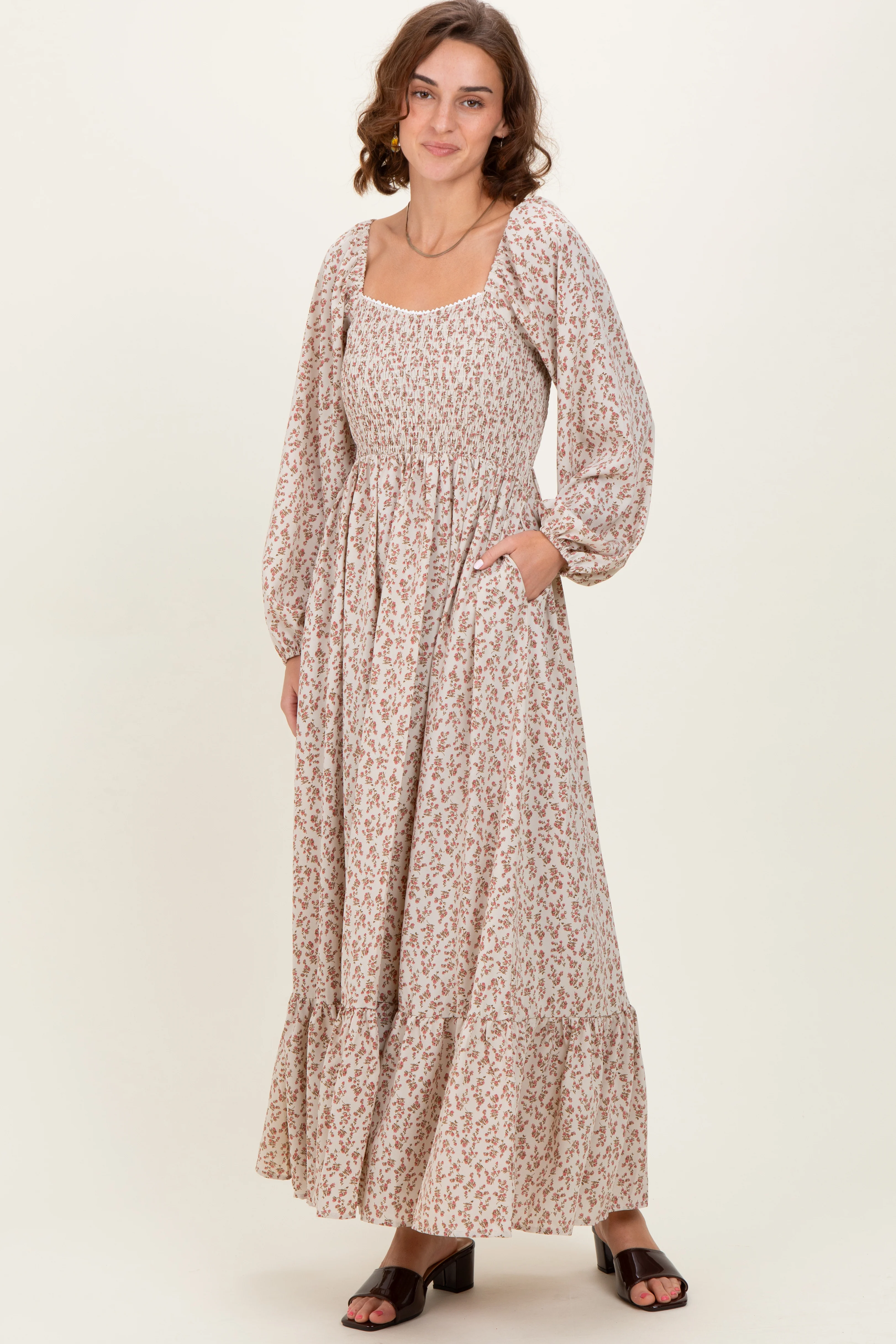 Pink Floral Smocked Lace Trim Sweetheart Maternity Maxi Dress - Image 5
