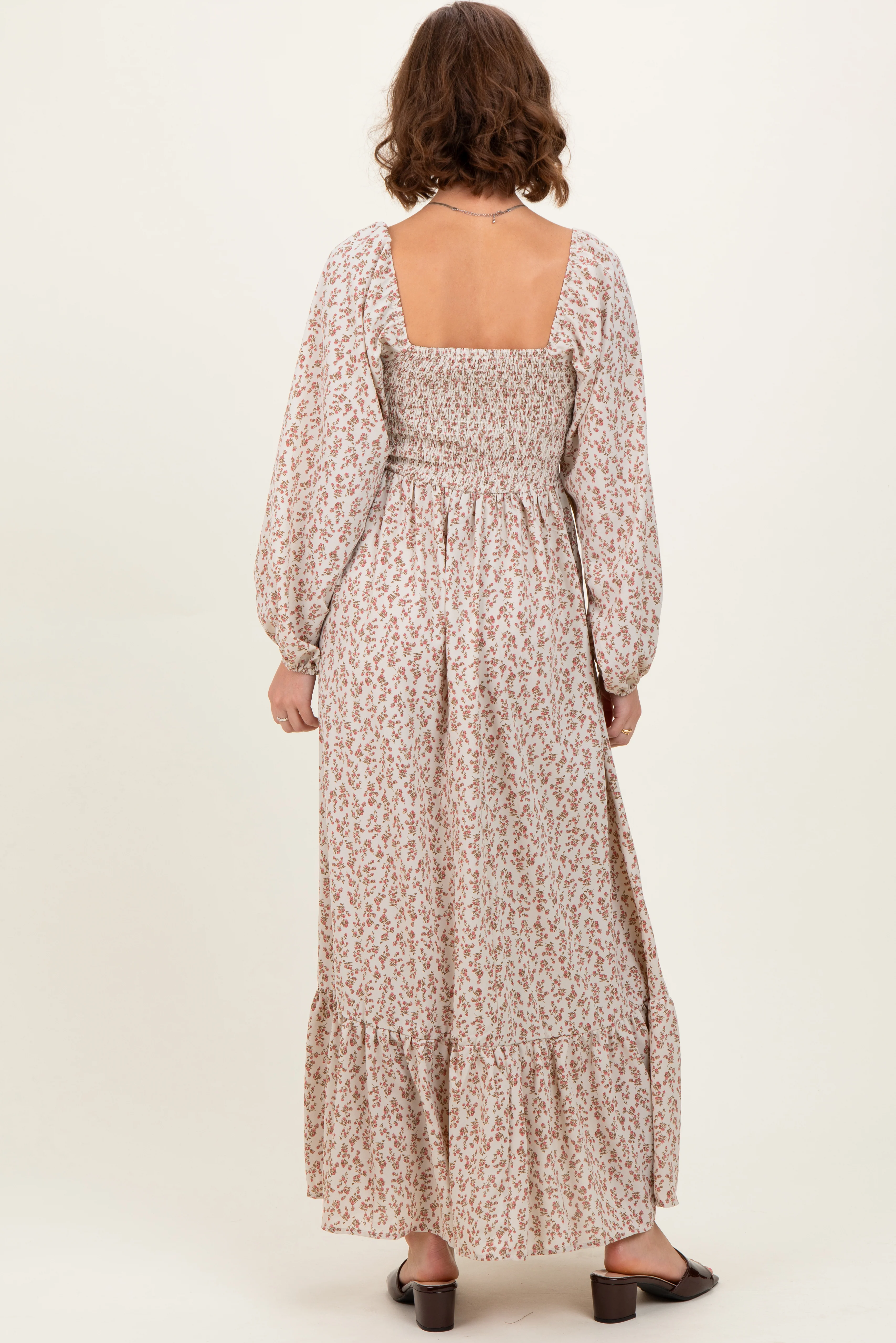 Pink Floral Smocked Lace Trim Sweetheart Maxi Dress - Image 4