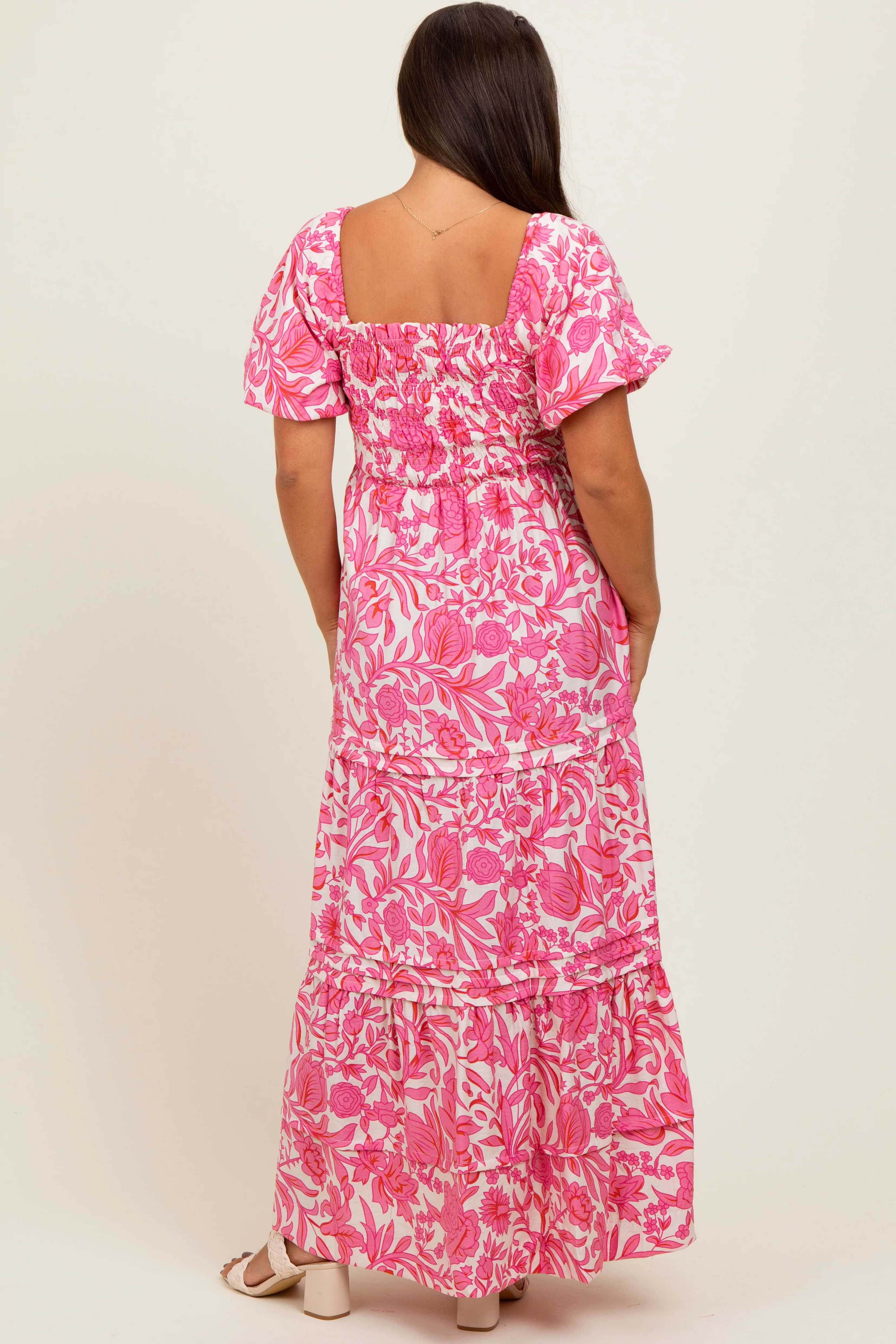 Pink Floral Smocked Puff Sleeve Maternity Maxi Dress - Image 4