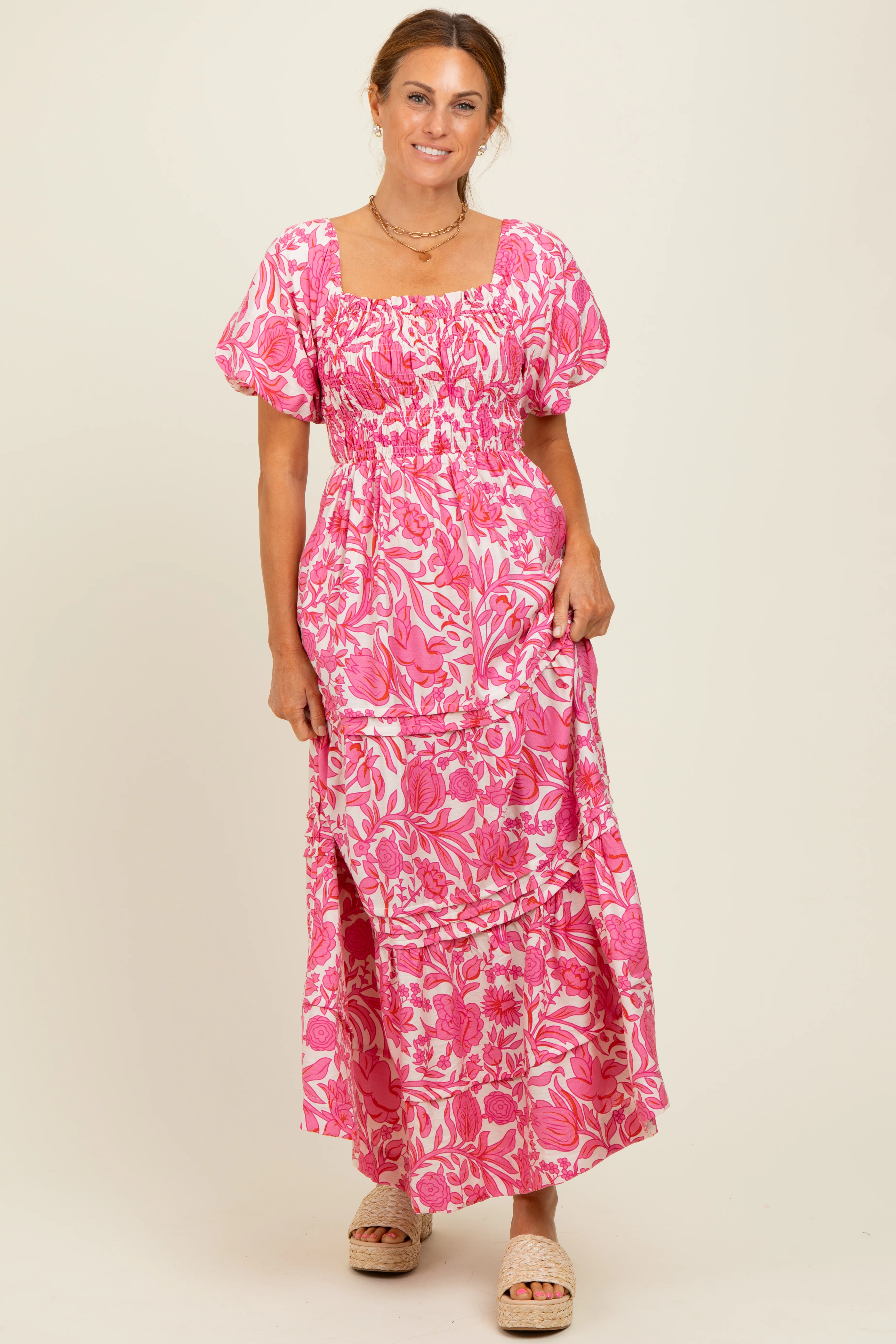 Pink Floral Smocked Puff Sleeve Maternity Maxi Dress - Image 5