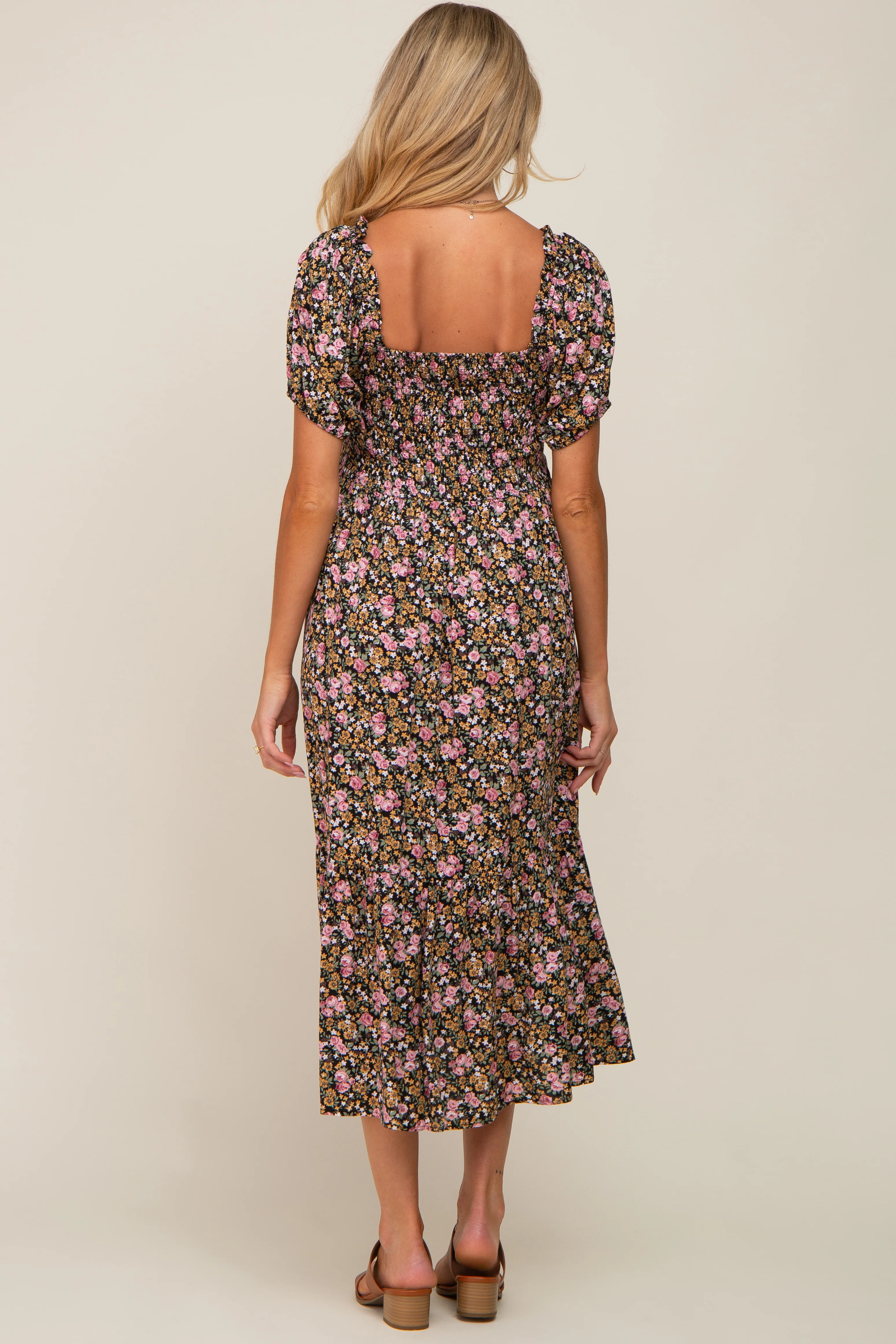 Pink Floral Smocked Puff Sleeve Maternity Midi Dress - Image 4