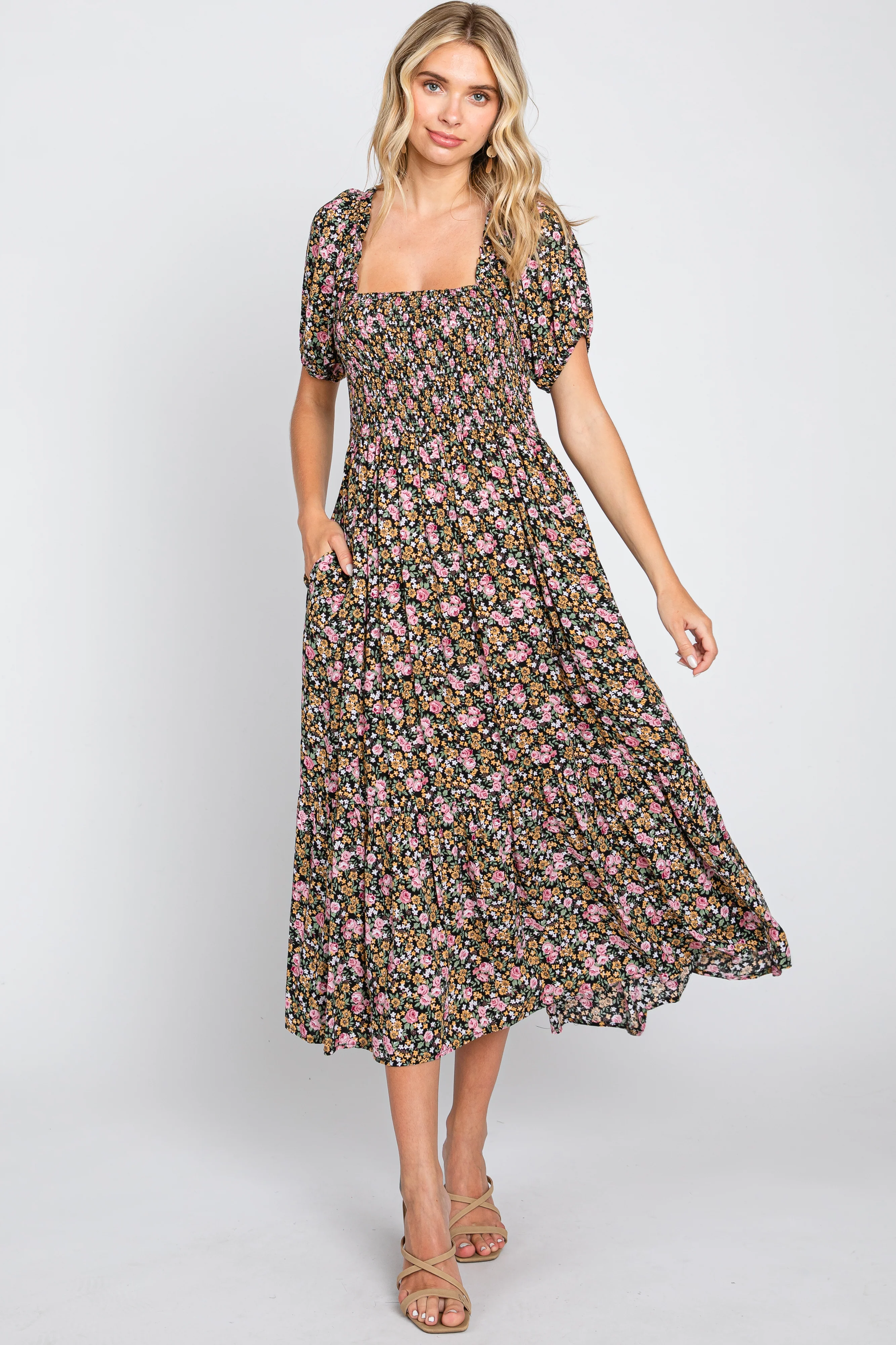 Pink Floral Smocked Puff Sleeve Maternity Midi Dress - Image 5