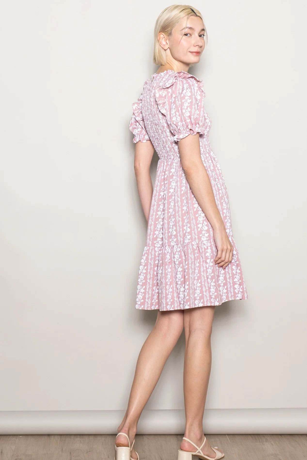 Pink Floral Smocked Ruffle Accent Dress - Image 3