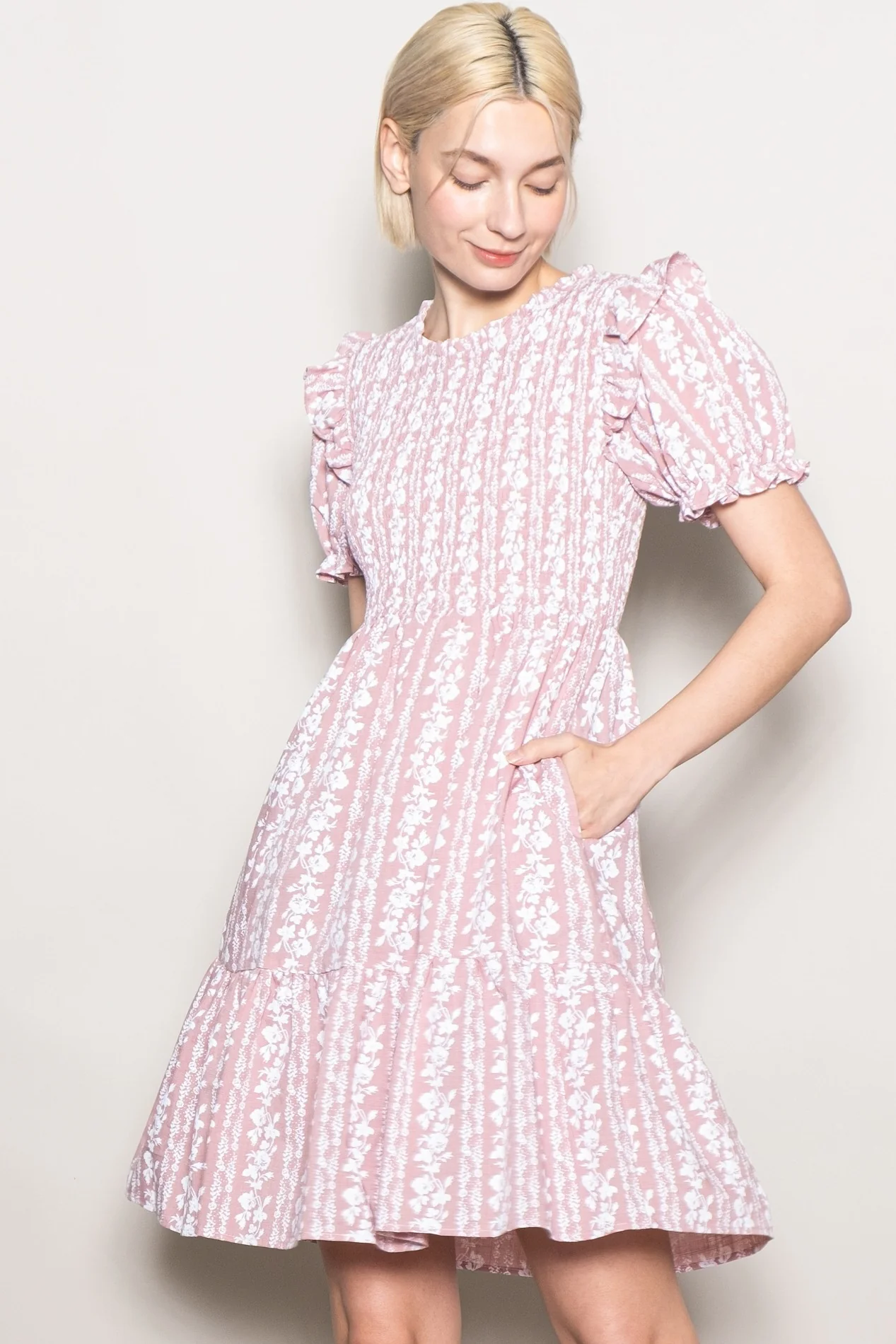 Pink Floral Smocked Ruffle Accent Dress - Image 5