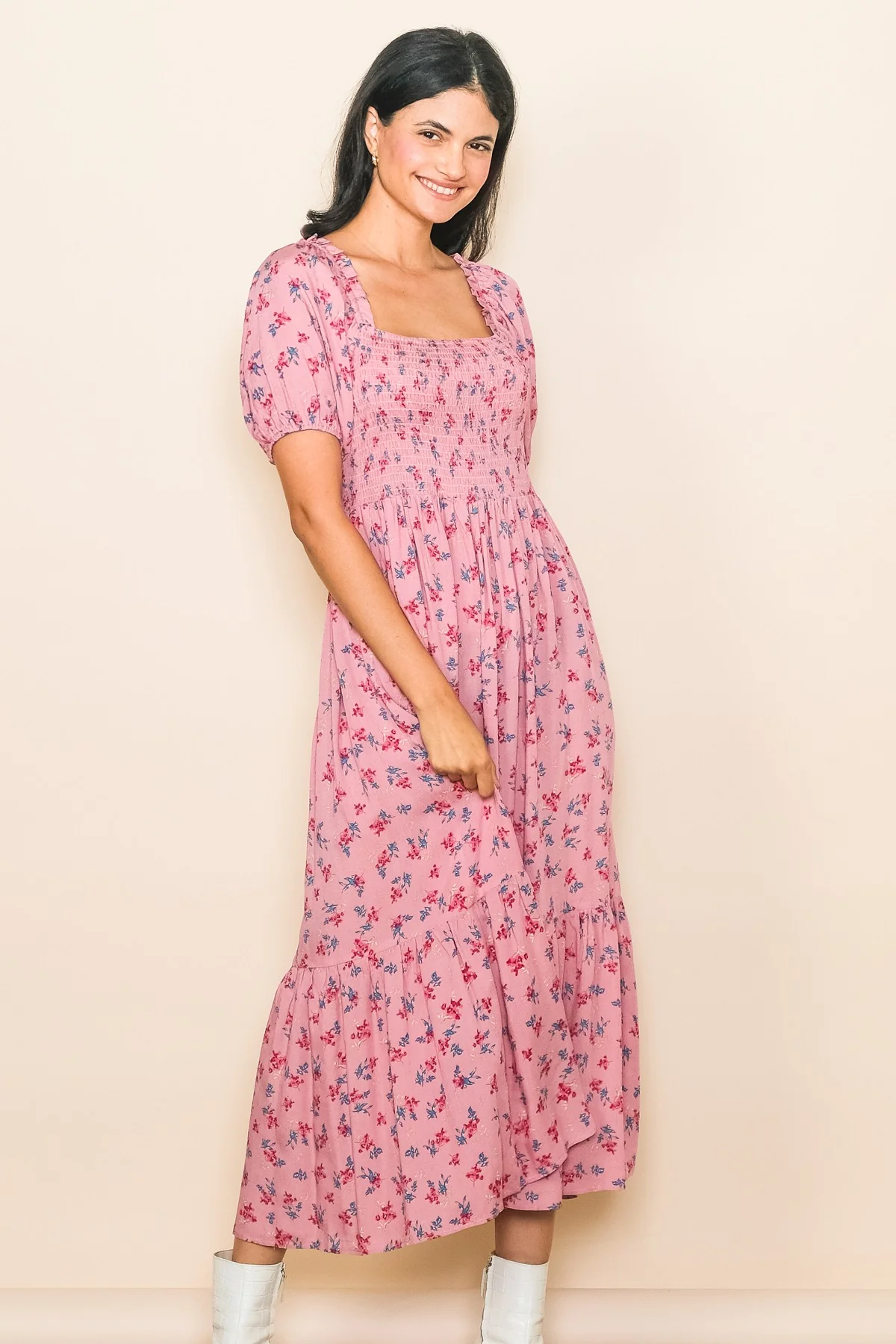 Pink Floral Smocked Short Sleeve Maternity Midi Dress - Image 4
