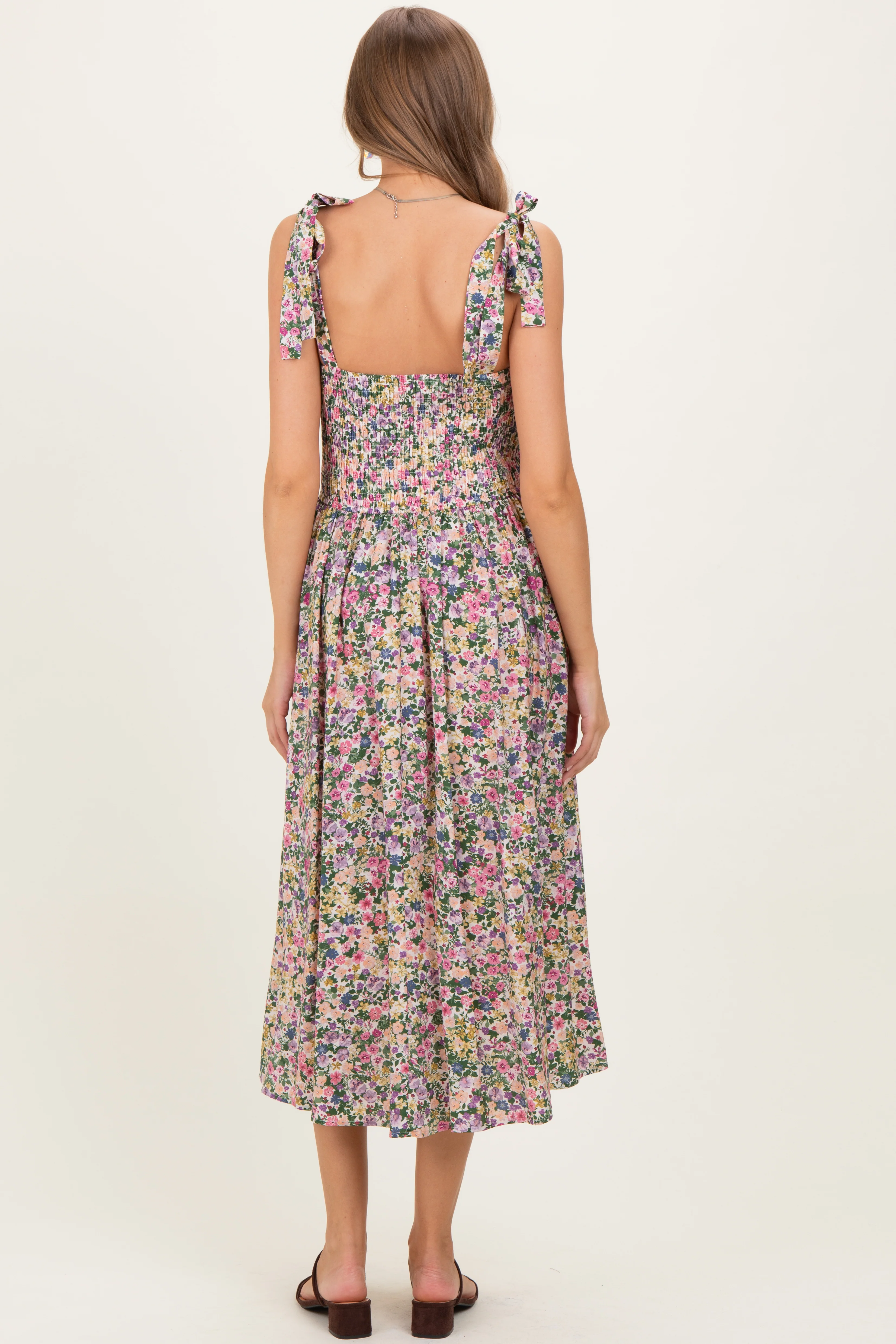 Pink Floral Smocked Shoulder Tie Maternity Midi Dress - Image 4