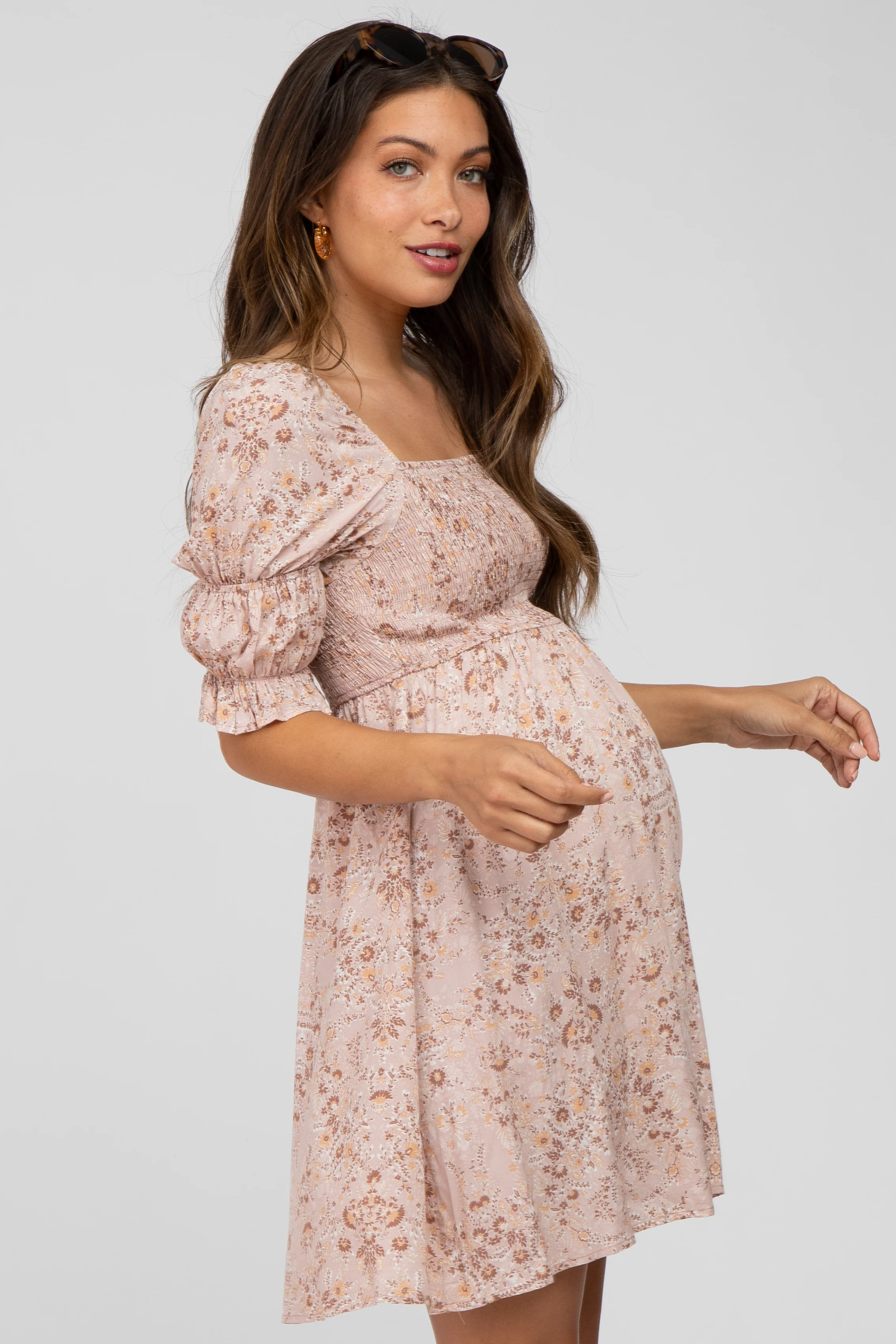 Pink Floral Smocked Square Neck Puff Sleeve Maternity Dress - Image 3