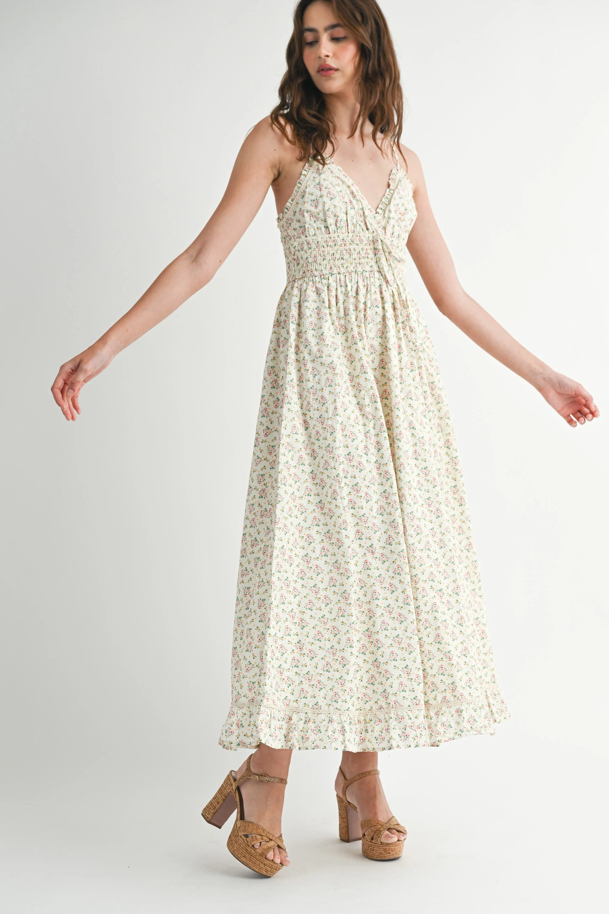 Pink Floral Smocked Waist Ruffle Accent Midi Dress - Image 3