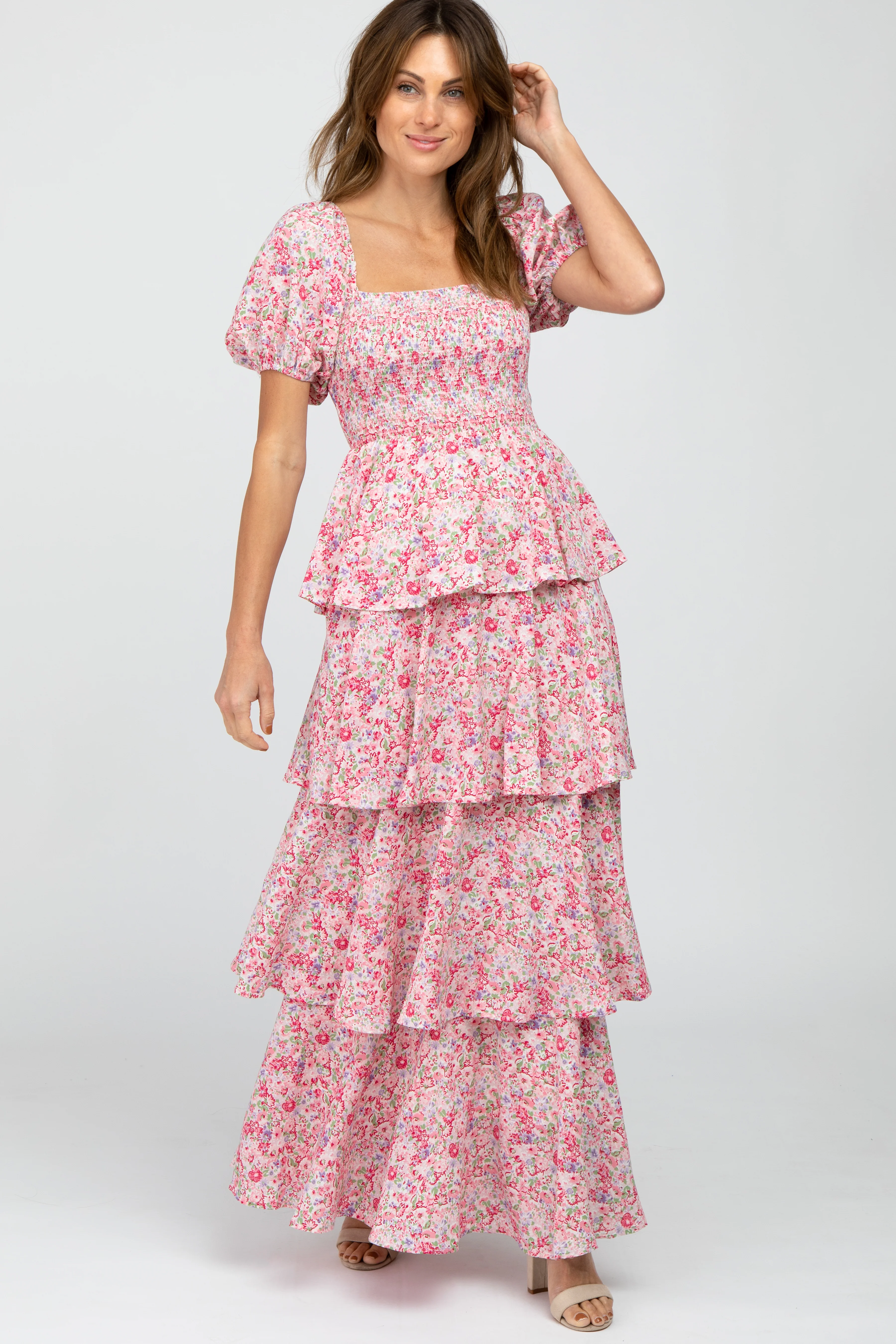 Pink Floral Square Neck Ruffle Layered Maxi Dress - Image 4