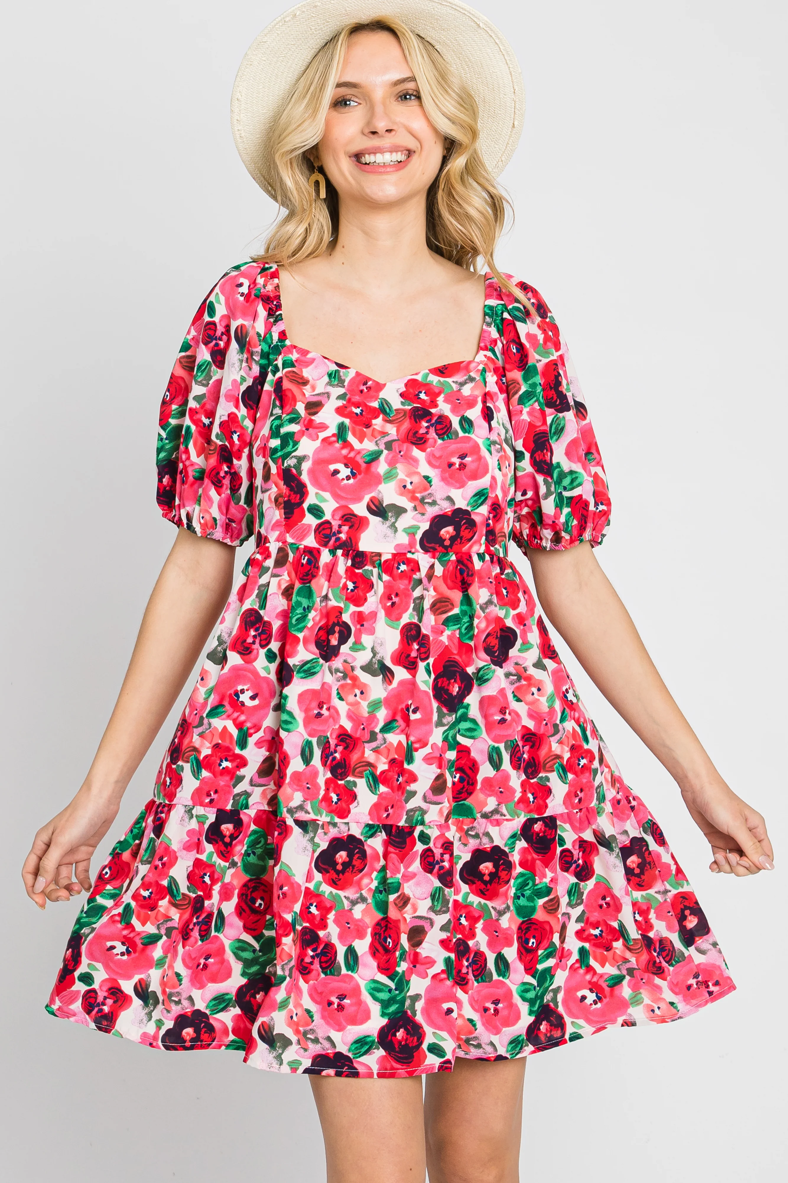 Pink Floral Sweetheart Neck Short Puff Sleeve Maternity Dress - Image 6
