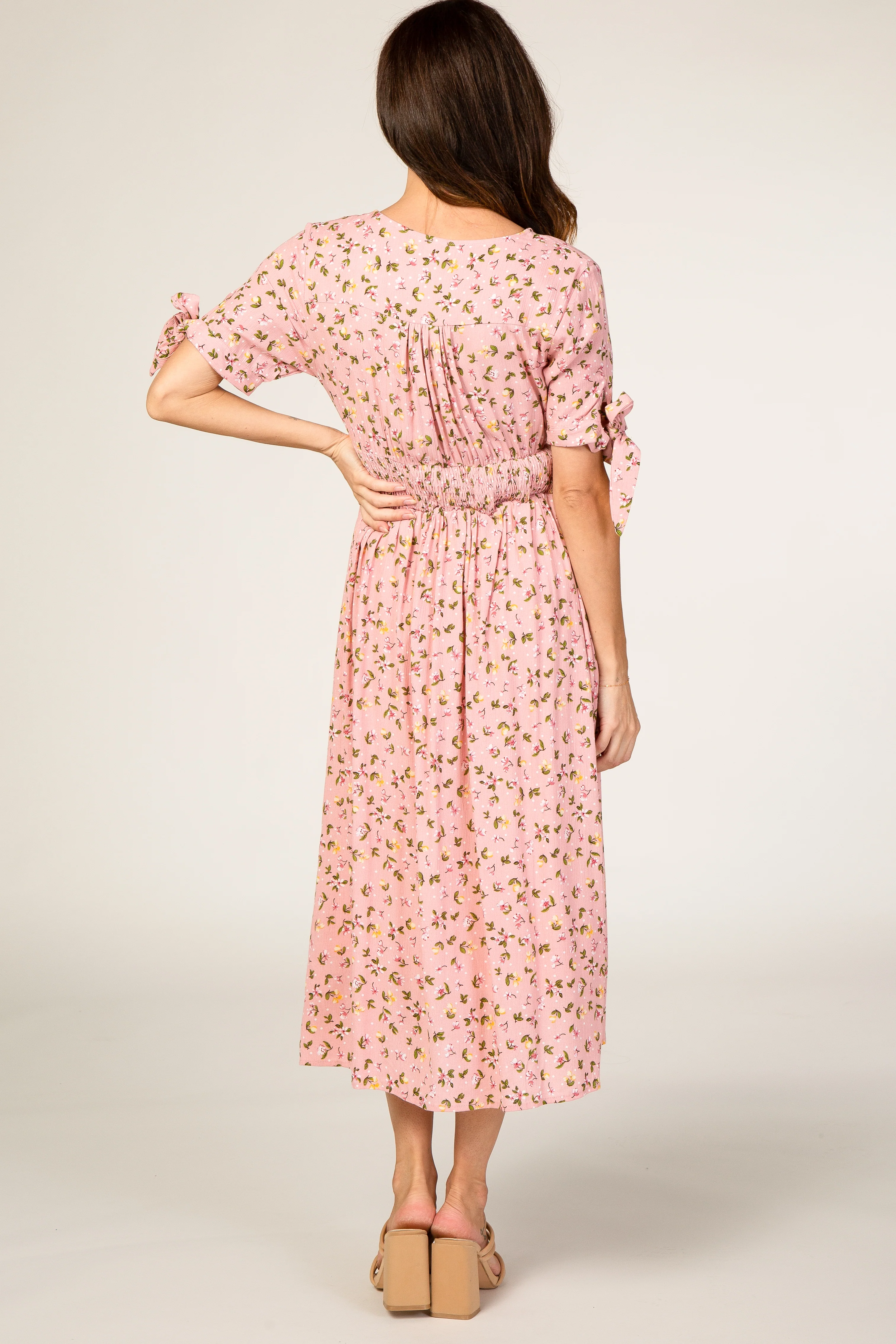 Pink Floral Tie Sleeve Midi Dress - Image 3