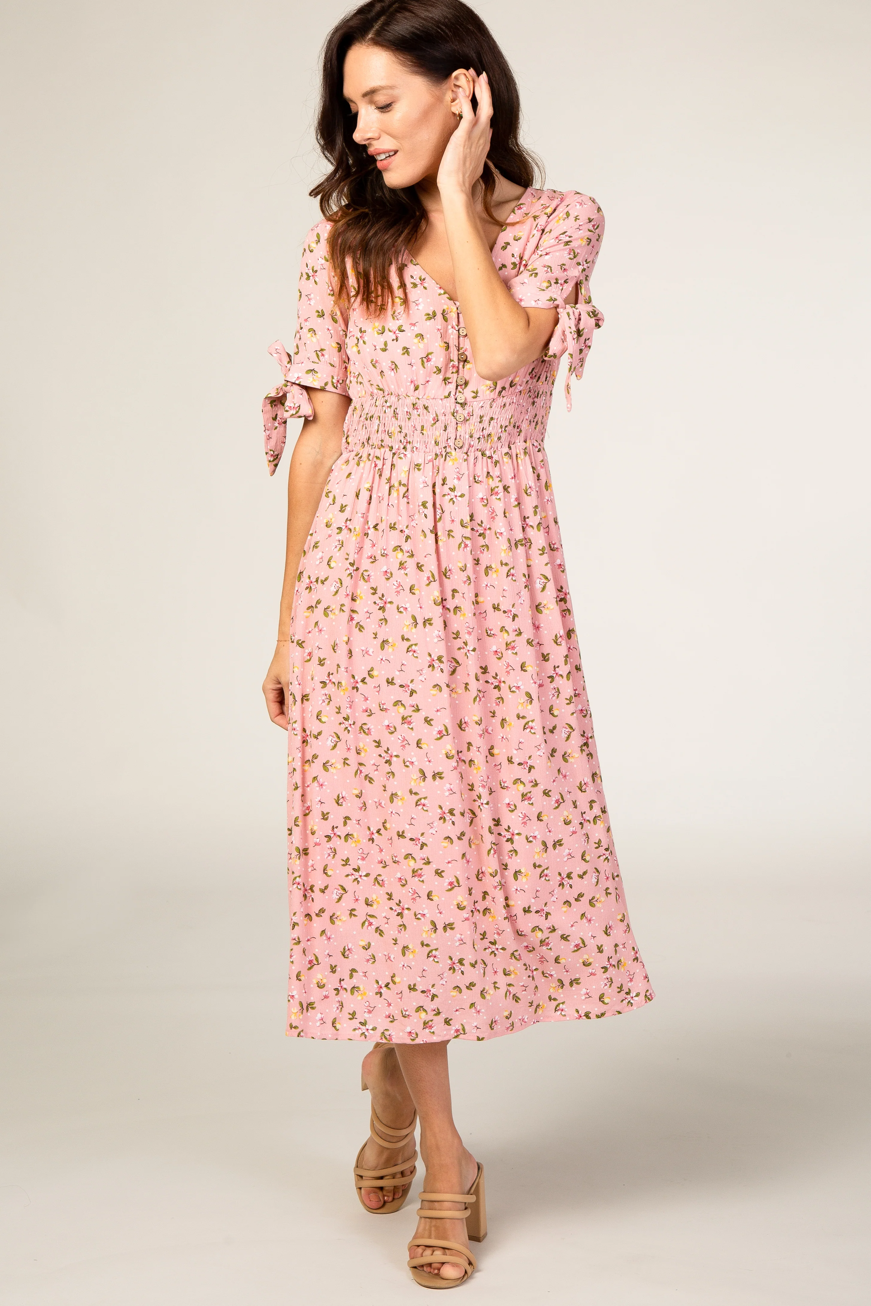 Pink Floral Tie Sleeve Midi Dress - Image 4