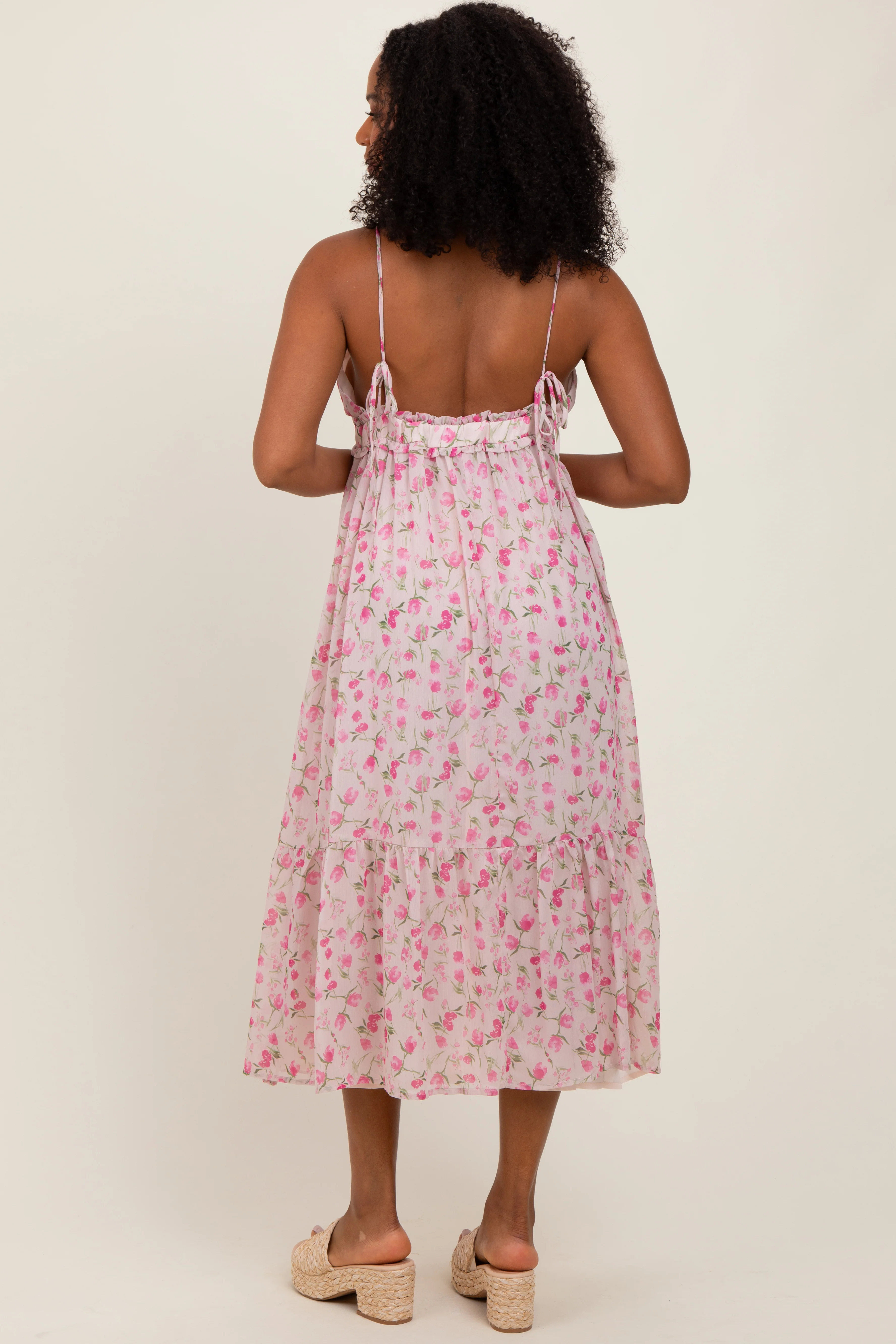 Pink Floral V-Neck Sleeveless Side Tie Midi Dress - Image 3