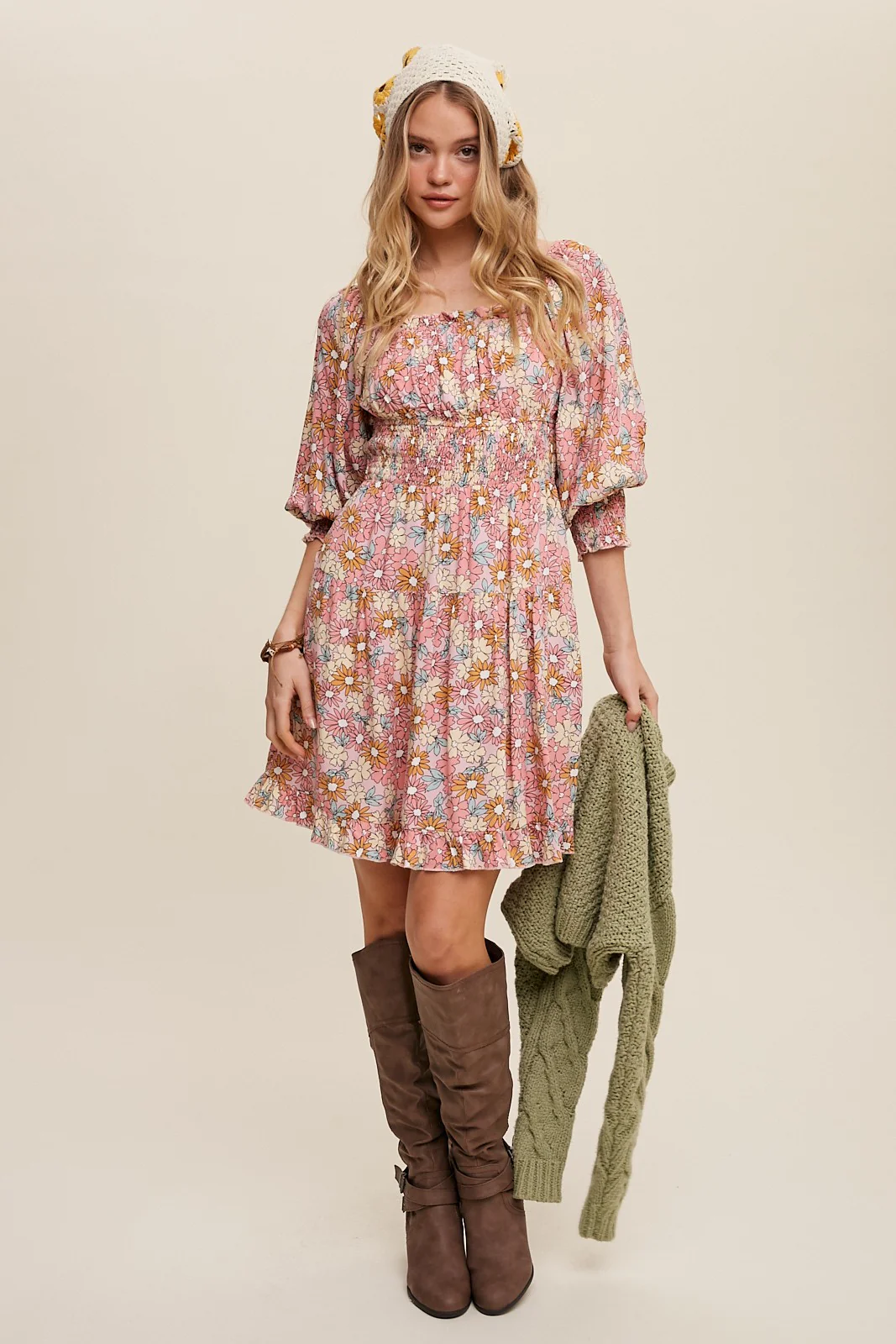 Pink Flower Print Square Neck And Puff Sleeve Dress - Image 4