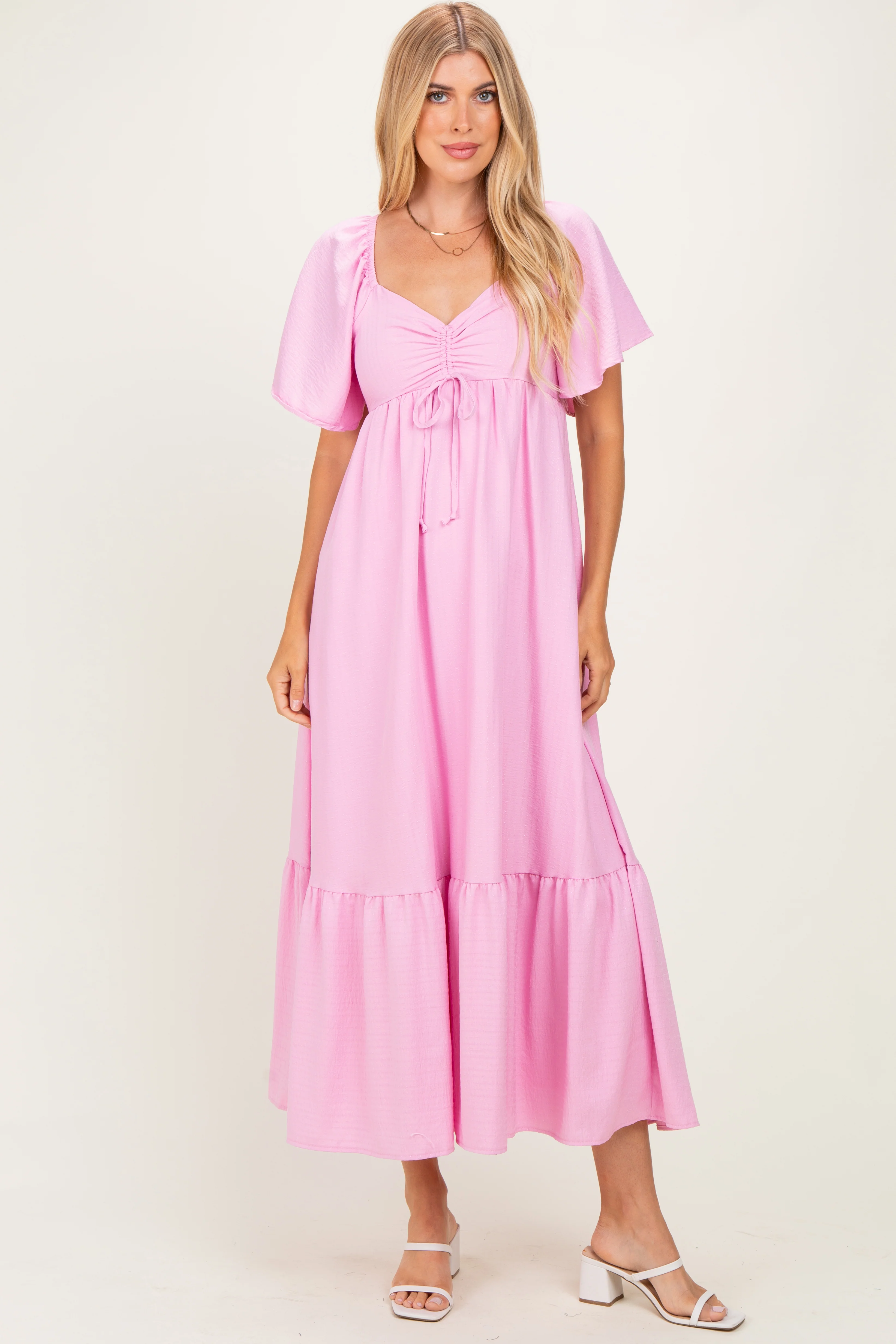 Pink Flutter Sleeve Ruffle Hem Maternity Maxi Dress - Image 4