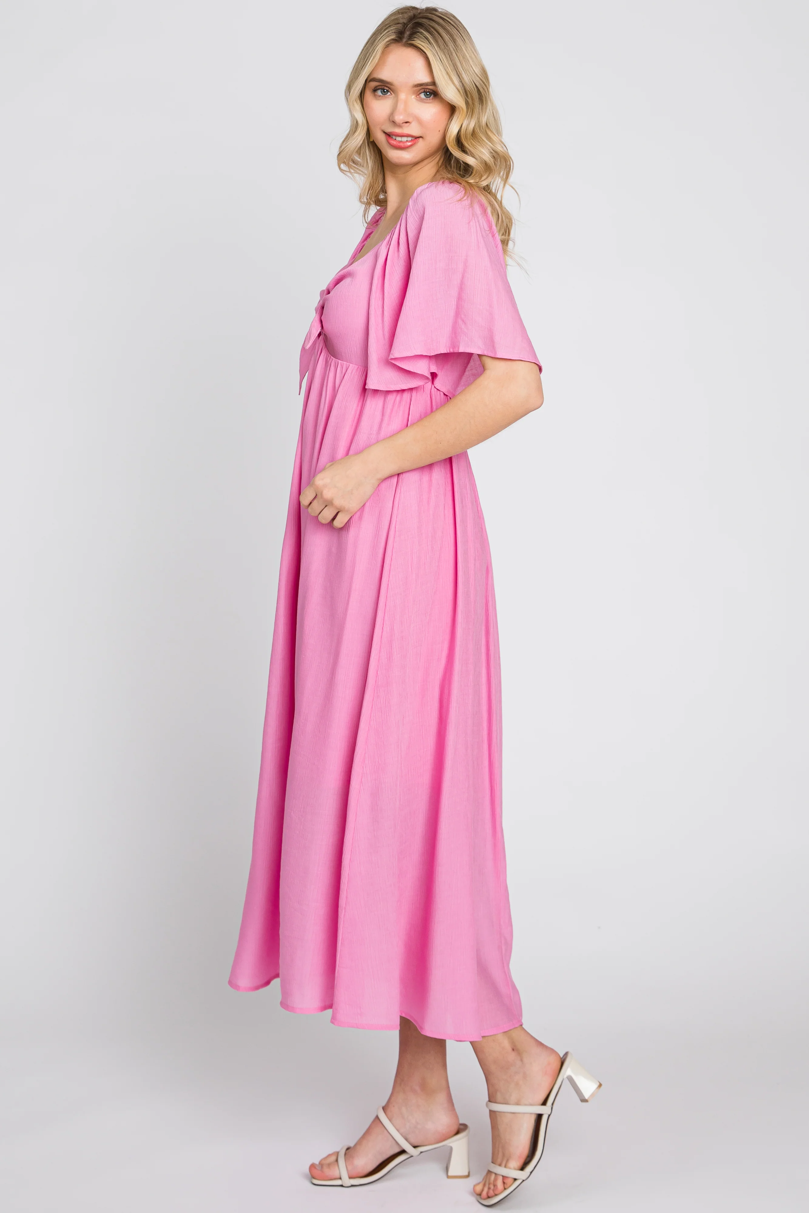 Pink Front Tie Ruffle Sleeve Midi Dress - Image 3