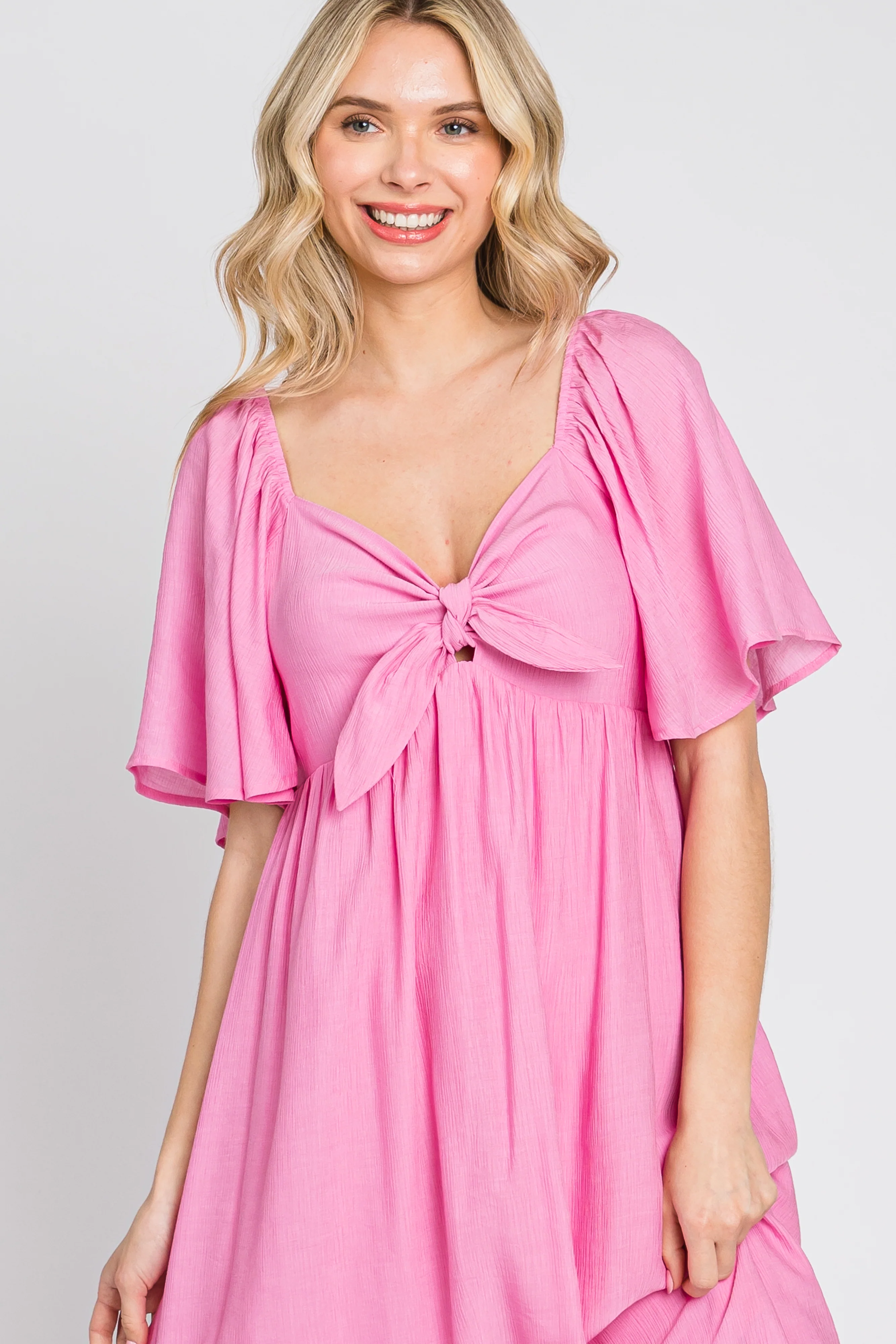 Pink Front Tie Ruffle Sleeve Midi Dress - Image 5
