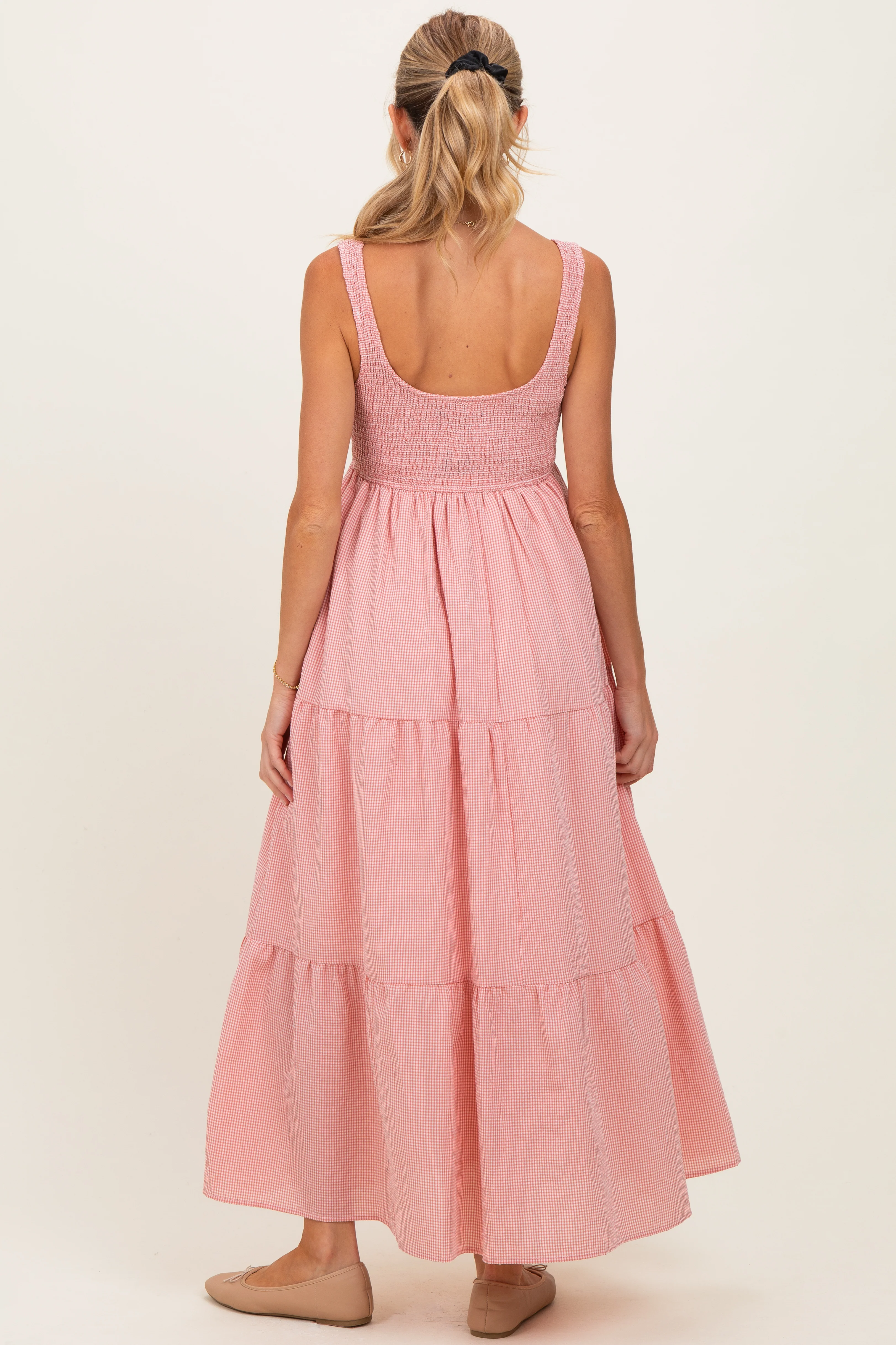 Pink Gingham Smocked Bodice Maternity Maxi Dress - Image 4