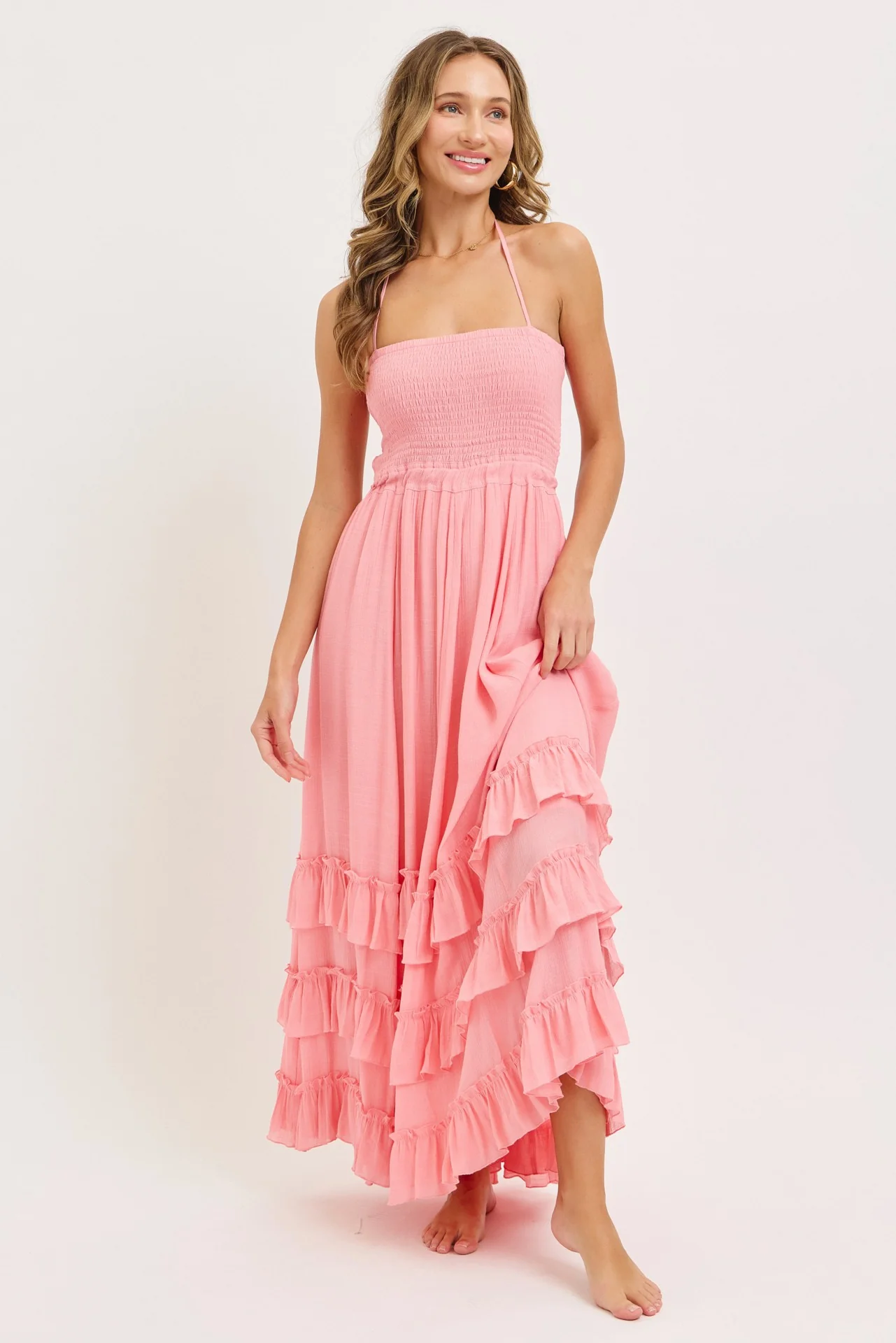 Pink Halter Smocked Ruffle Tier Hem Maternity Maxi Dress - Image 4