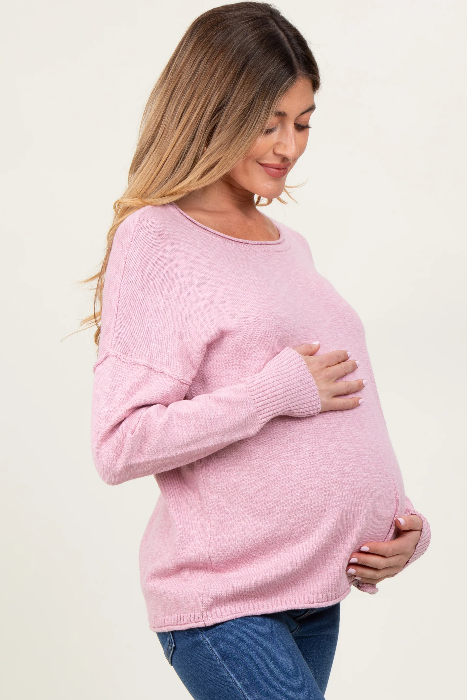 Pink Heather Unfinished Hem Maternity Sweater - Image 3