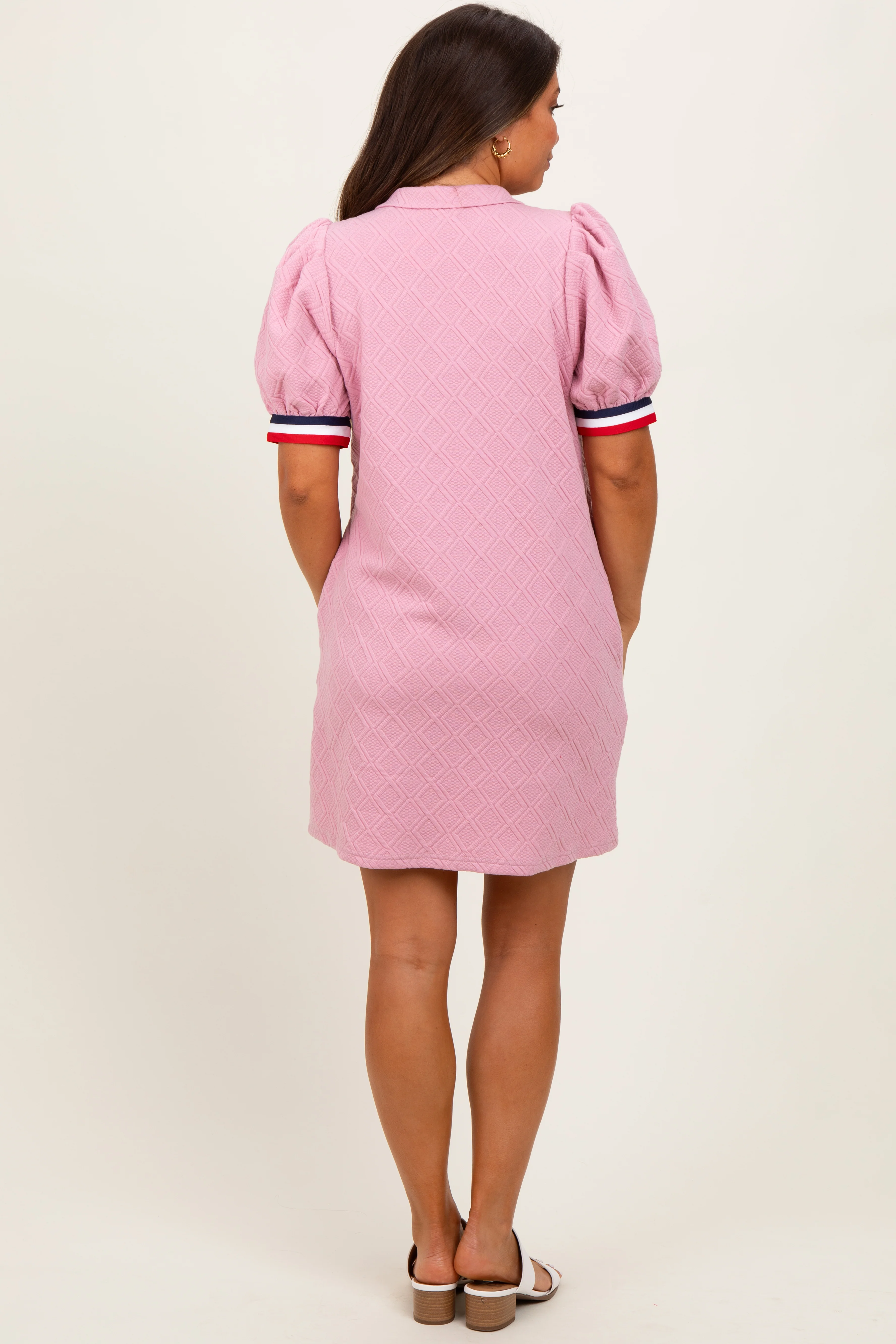 Pink Jacquard Zipper Collar Maternity Mini Dress - Image 4